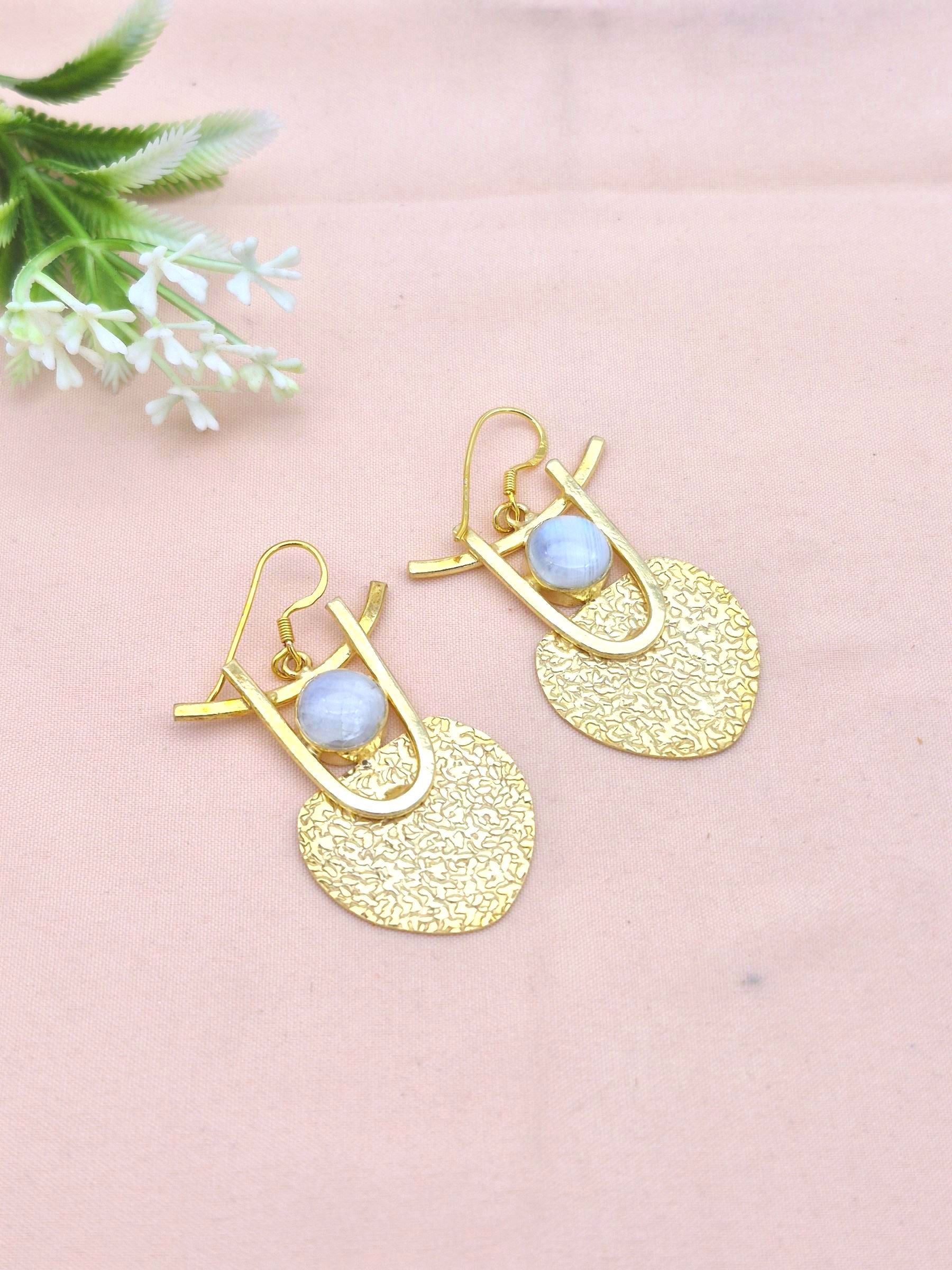 Amazing Gold Plated Dangle Earrings – Semi Precious Stone Hammered Designer Jewelry