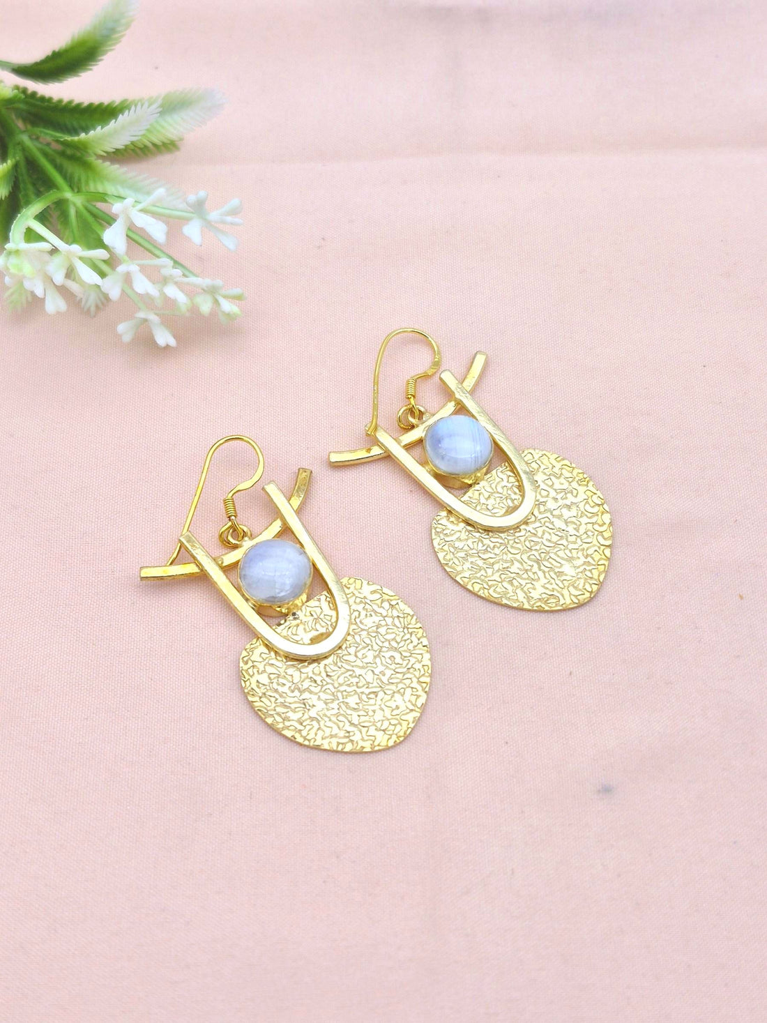 Amazing Gold Plated Dangle Earrings – Semi Precious Stone Hammered Designer Jewelry