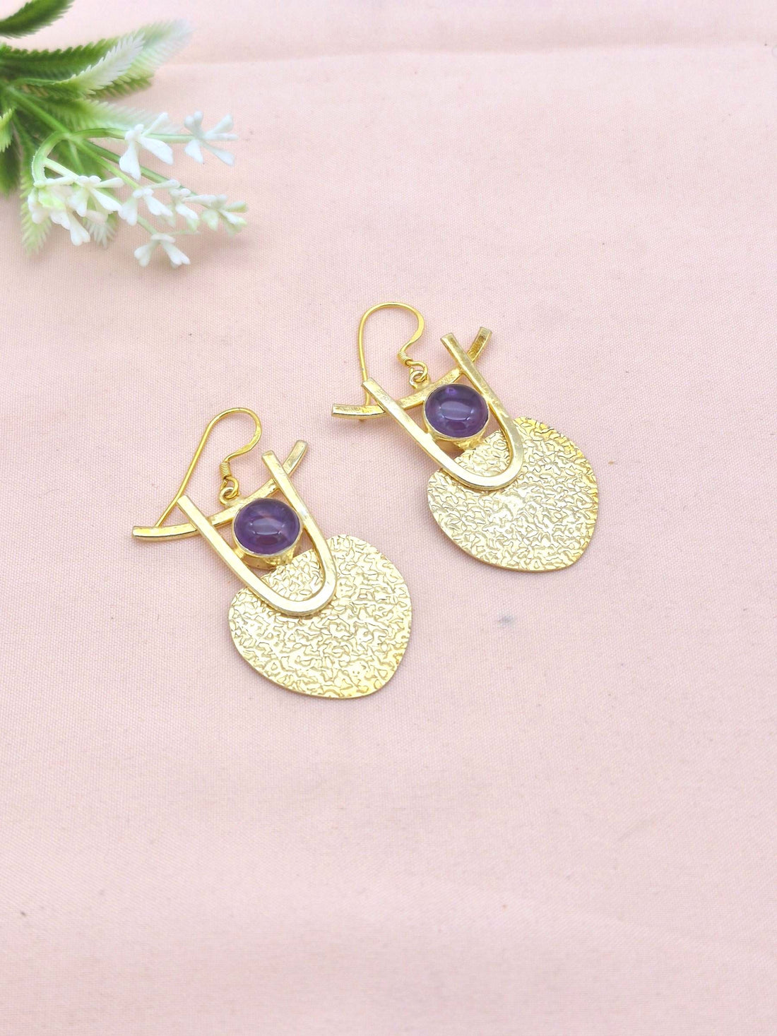 Amazing Gold Plated Dangle Earrings – Semi Precious Stone Hammered Designer Jewelry