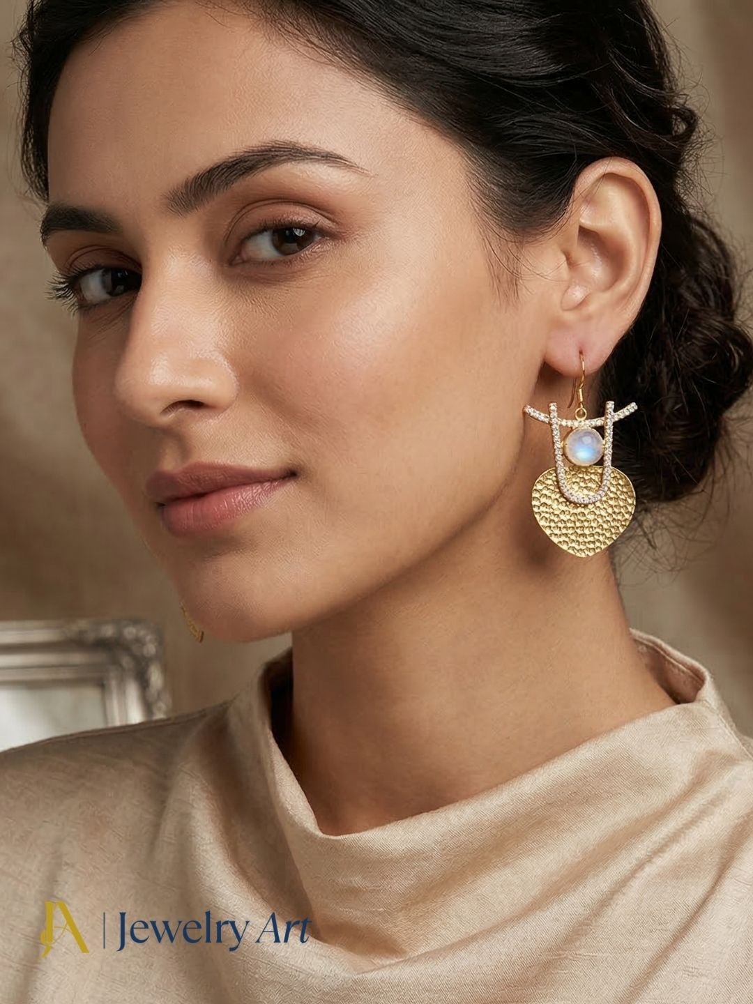High shine gold plated earrings with white rainbow stone radiant surface

