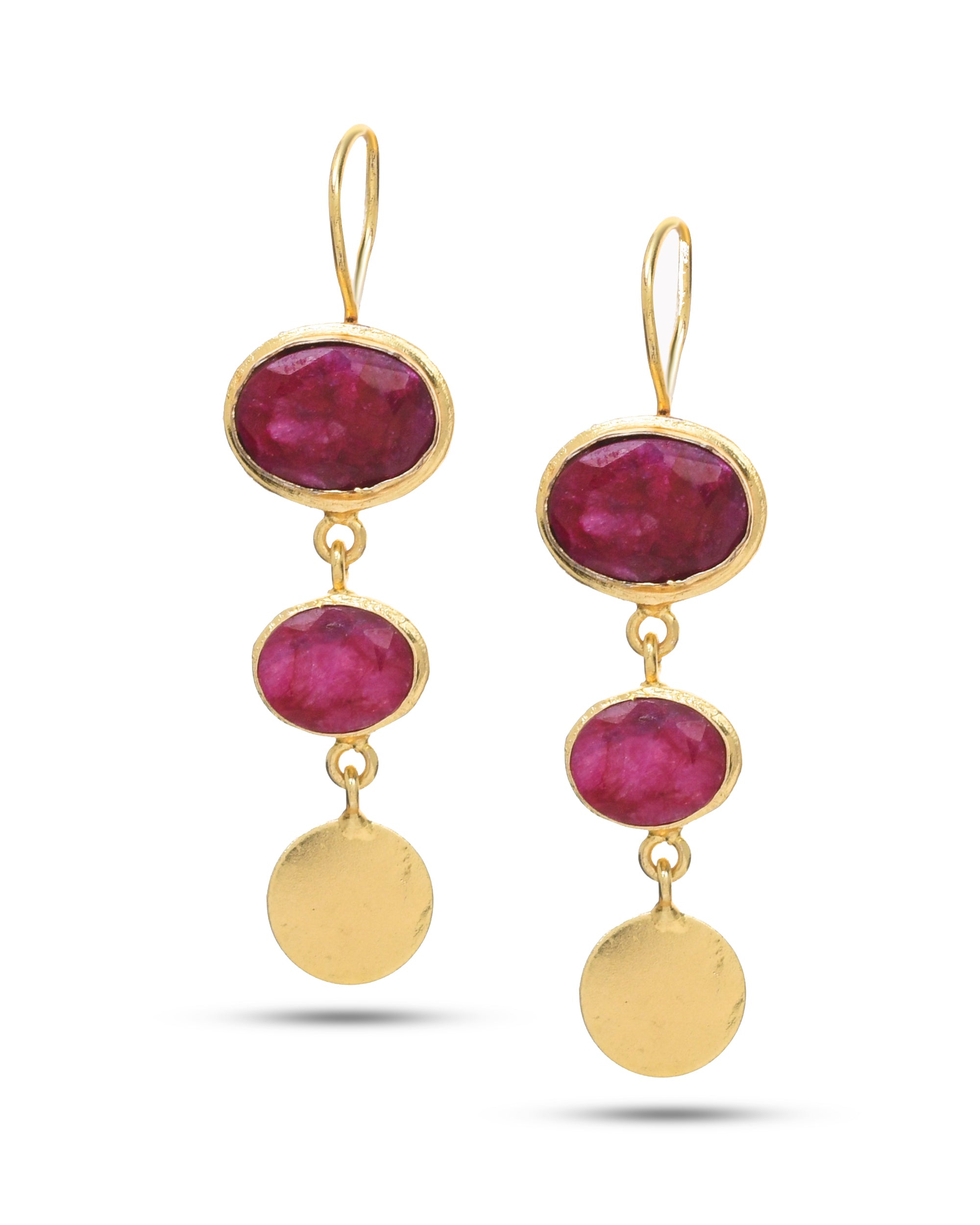Lightweight antique gold earrings with red beryl gemstone, elegant and charming designer piece
