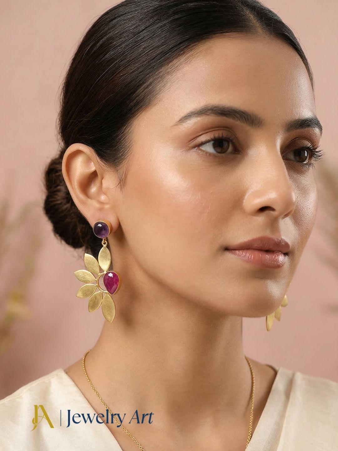 Amethyst -red Hathipara gold plated dangle Earrings with semi precious stones, traditional designer jewelry for women
