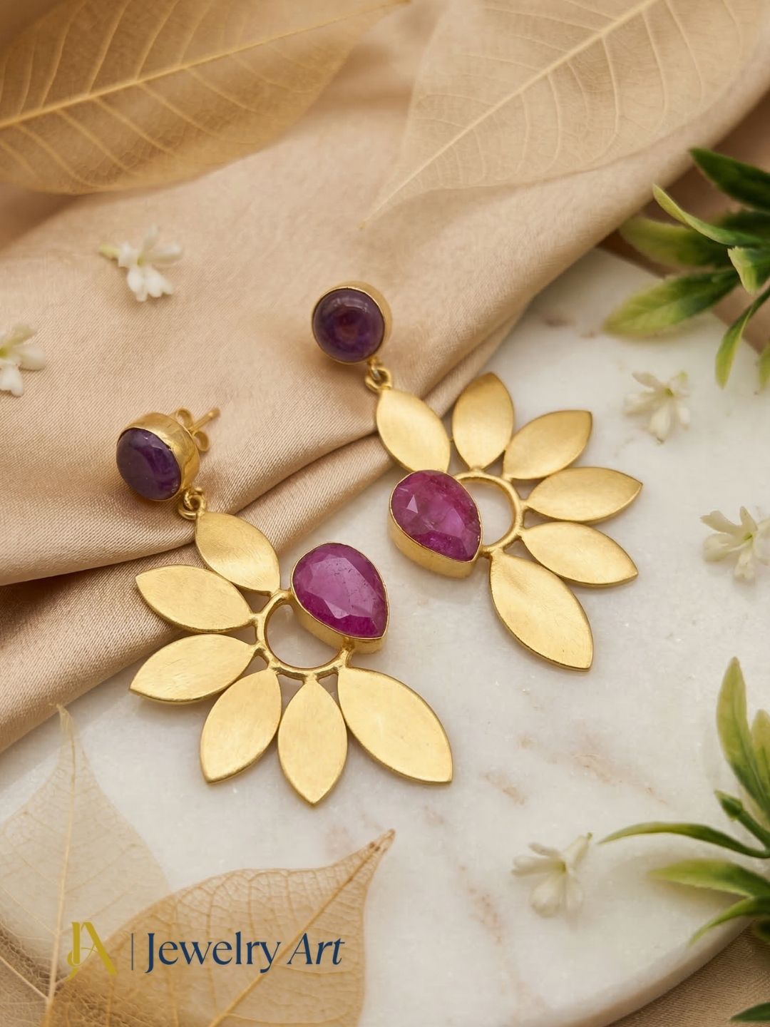 Stunning Gold Plated Dangle Earrings – Semi Precious Stone Leaf Designer Jewelry