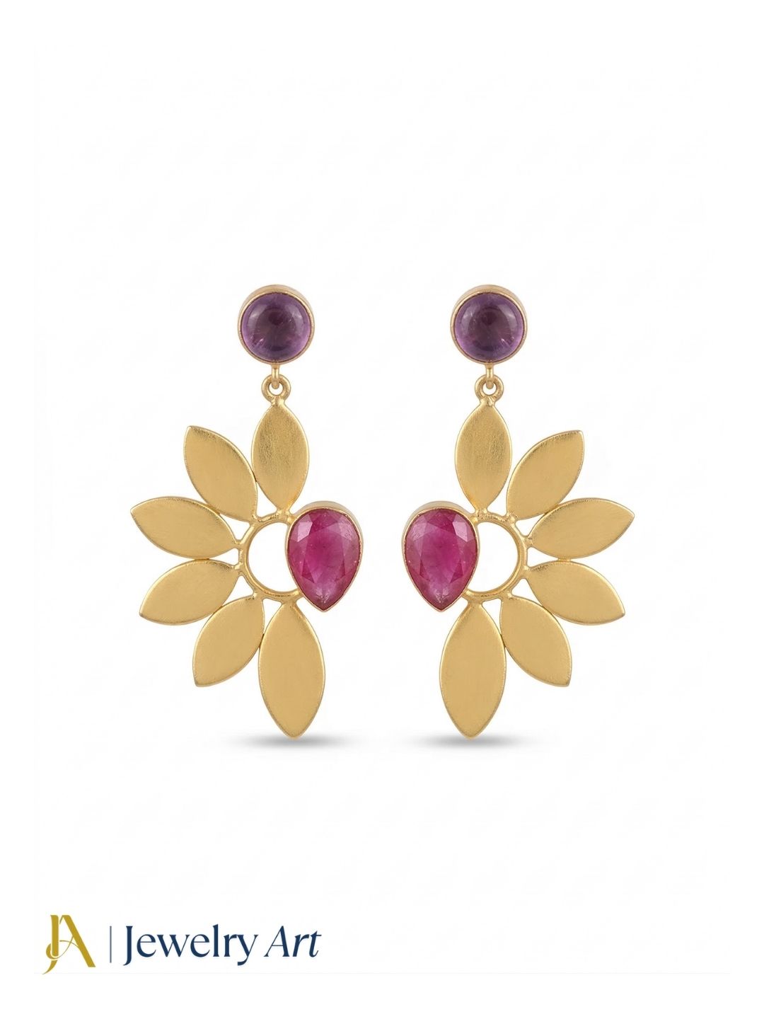 Stunning Gold Plated Dangle Earrings – Semi Precious Stone Leaf Designer Jewelry