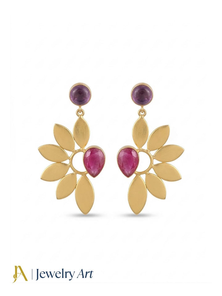Stunning Gold Plated Dangle Earrings – Semi Precious Stone Leaf Designer Jewelry