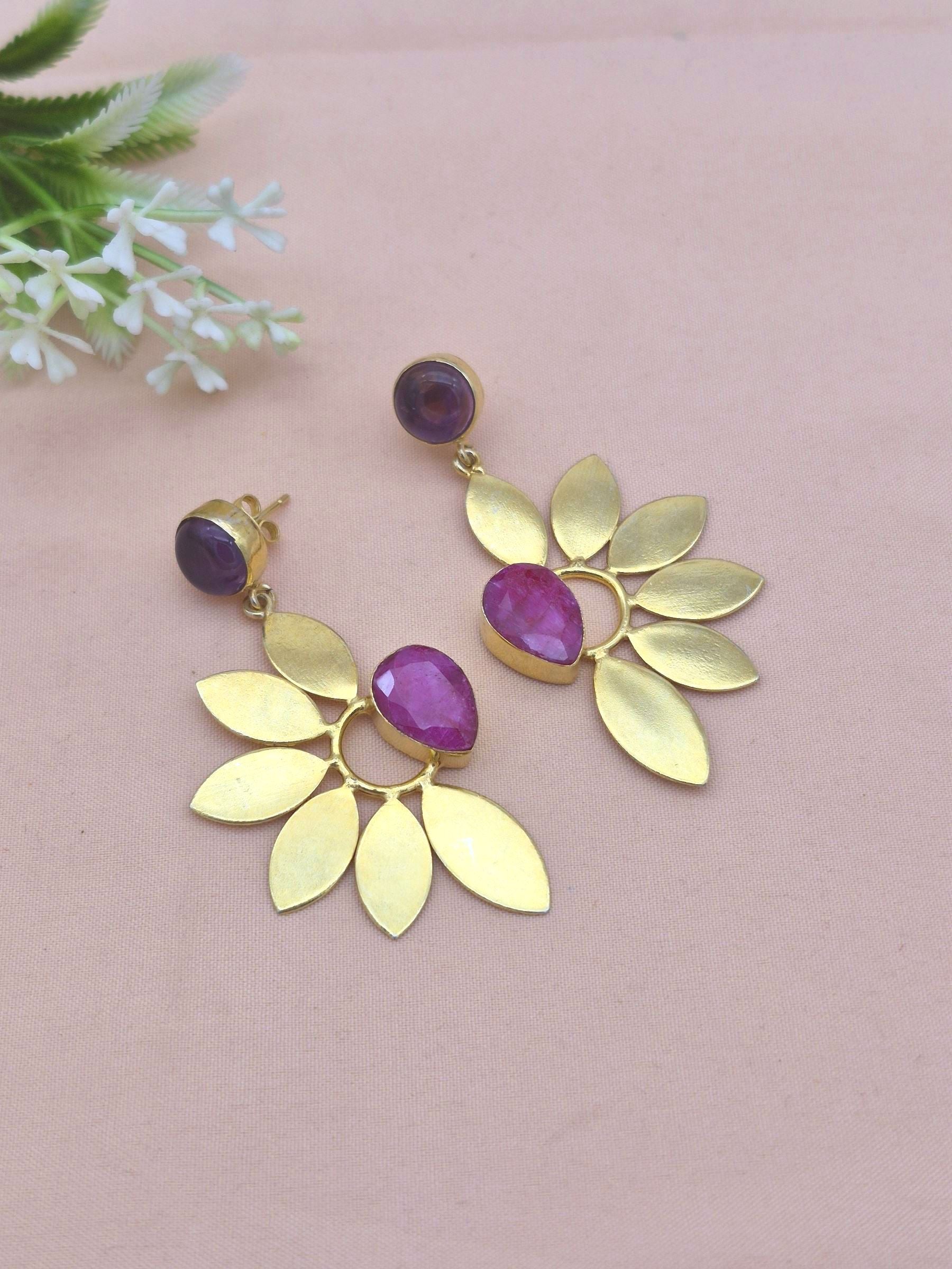 Stunning Gold Plated Dangle Earrings – Semi Precious Stone Leaf Designer Jewelry