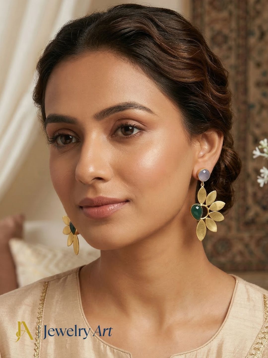 Stunning Gold Plated Dangle Earrings – Semi Precious Stone Leaf Designer Jewelry
