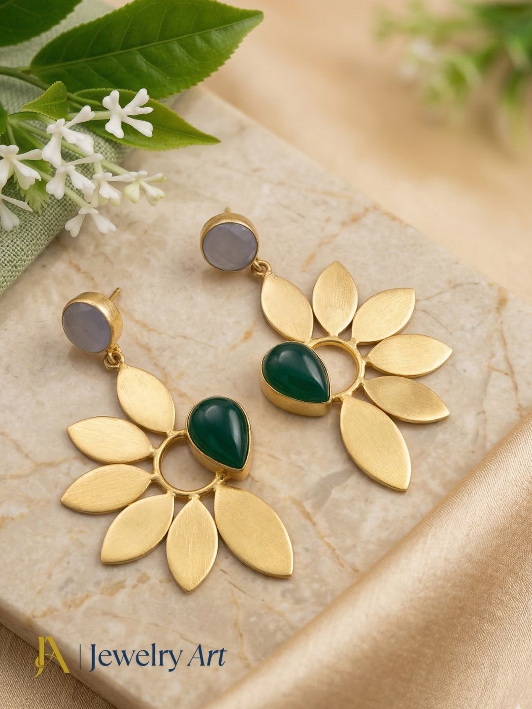 Traditional gold plated earrings with Chalcedony & Green Onyx Stone, perfect for bridal & festive occasions
