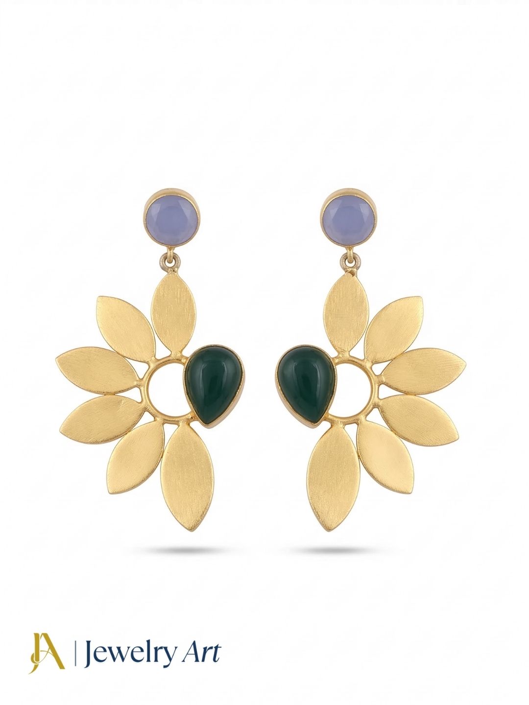 Stunning Gold Plated Dangle Earrings – Semi Precious Stone Leaf Designer Jewelry