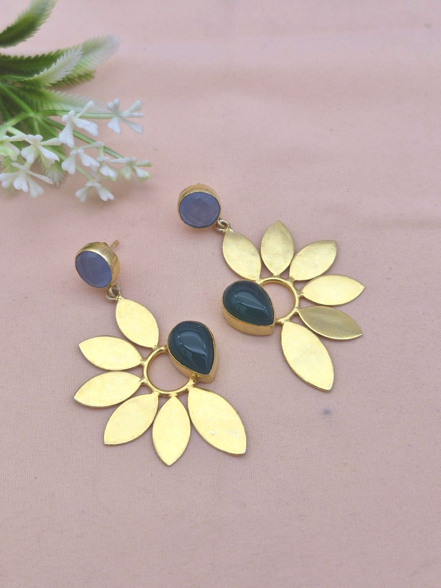 Stunning Gold Plated Dangle Earrings – Semi Precious Stone Leaf Designer Jewelry