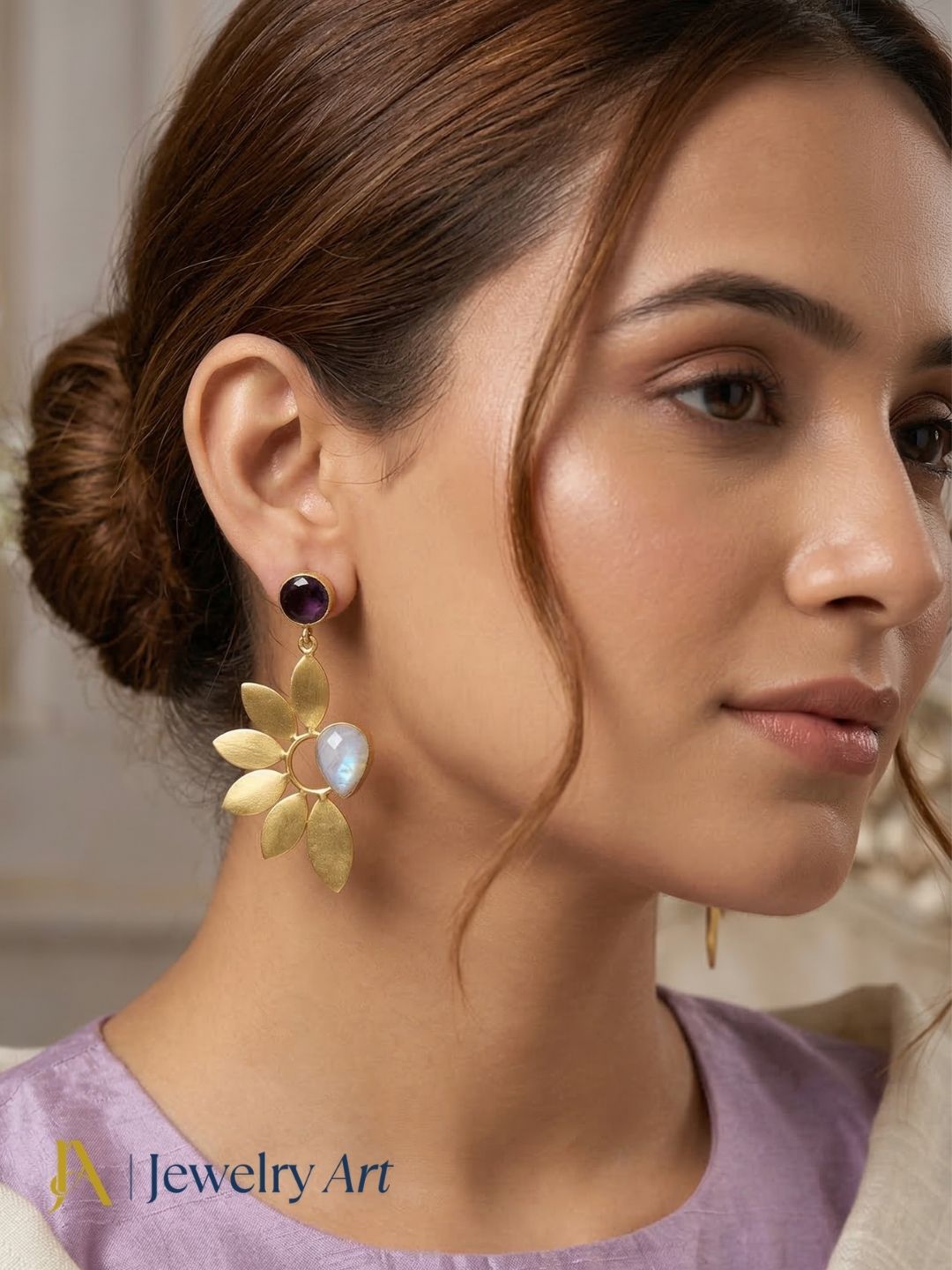 Designer gold plated leaf earrings with Amethyst and White Rainbow gemstone for women
