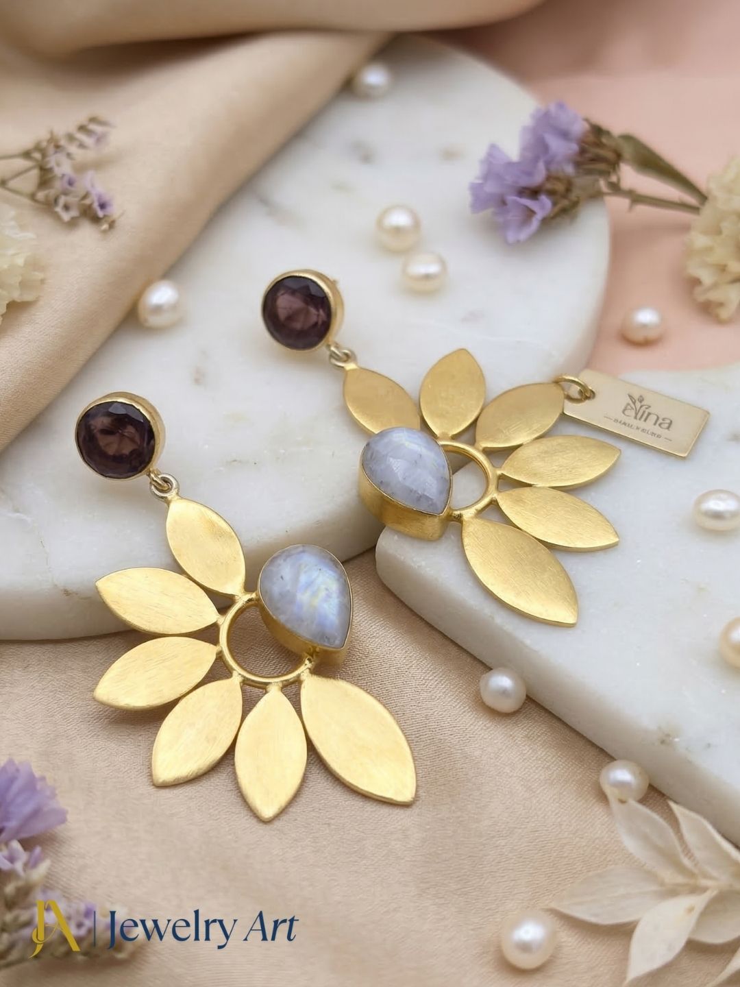 Stunning Gold Plated Dangle Earrings – Semi Precious Stone Leaf Designer Jewelry