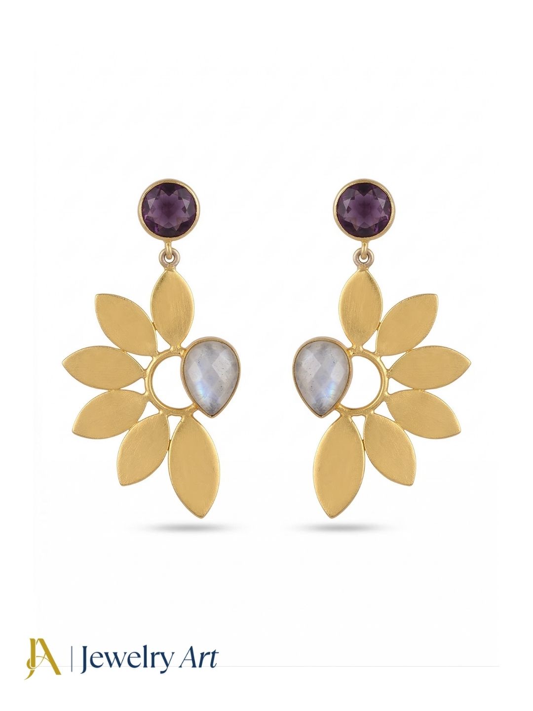 Stunning Gold Plated Dangle Earrings – Semi Precious Stone Leaf Designer Jewelry