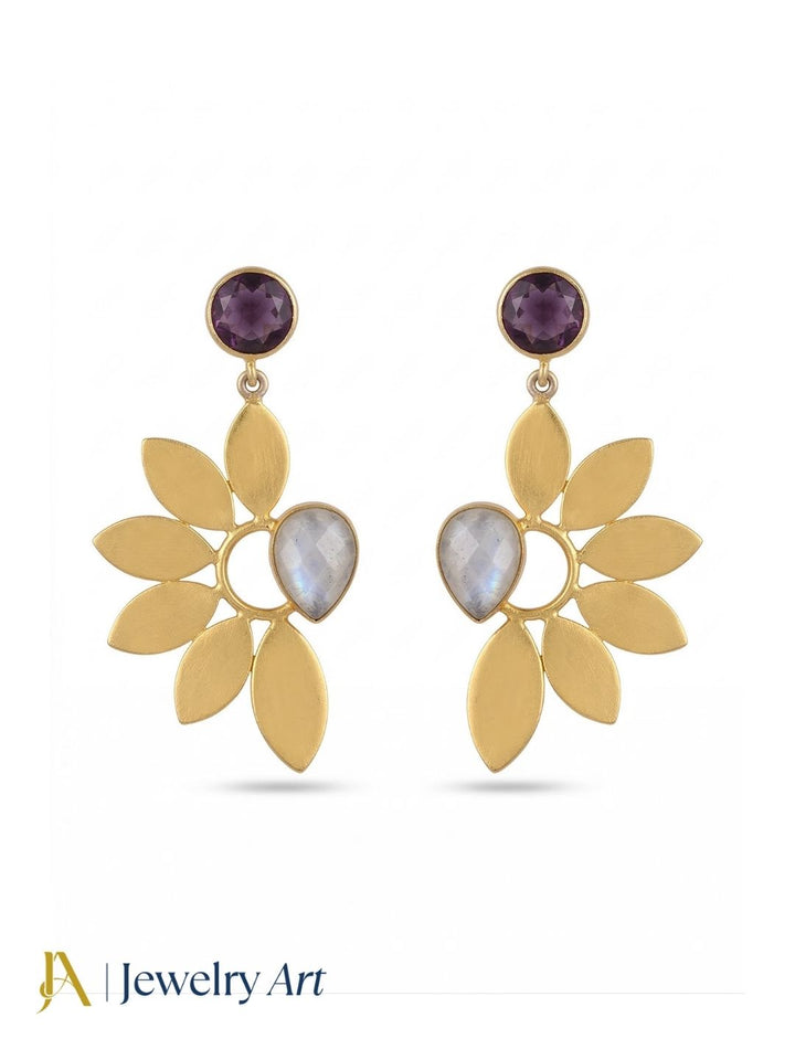 Stunning Gold Plated Dangle Earrings – Semi Precious Stone Leaf Designer Jewelry
