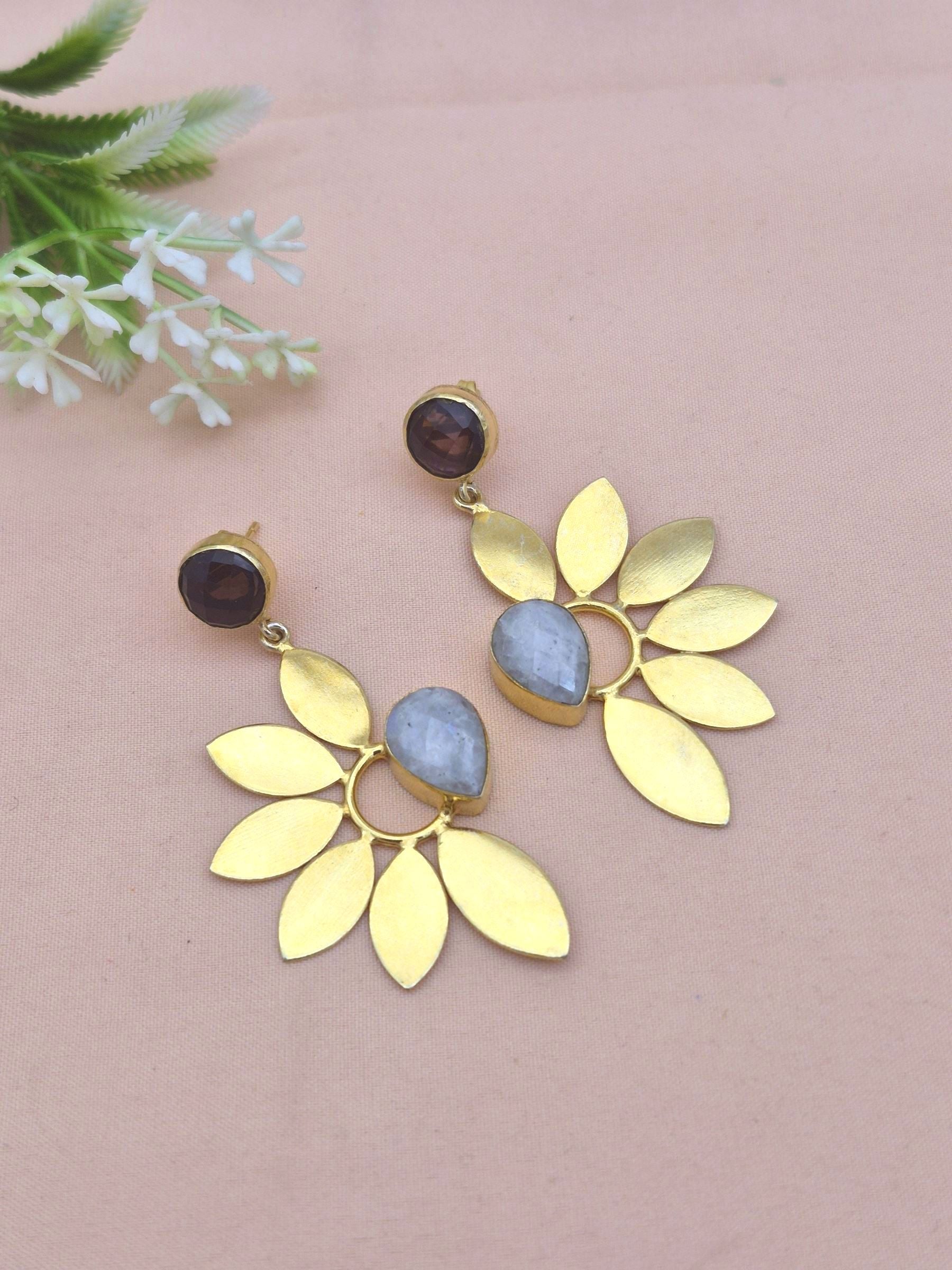 Stunning Gold Plated Dangle Earrings – Semi Precious Stone Leaf Designer Jewelry