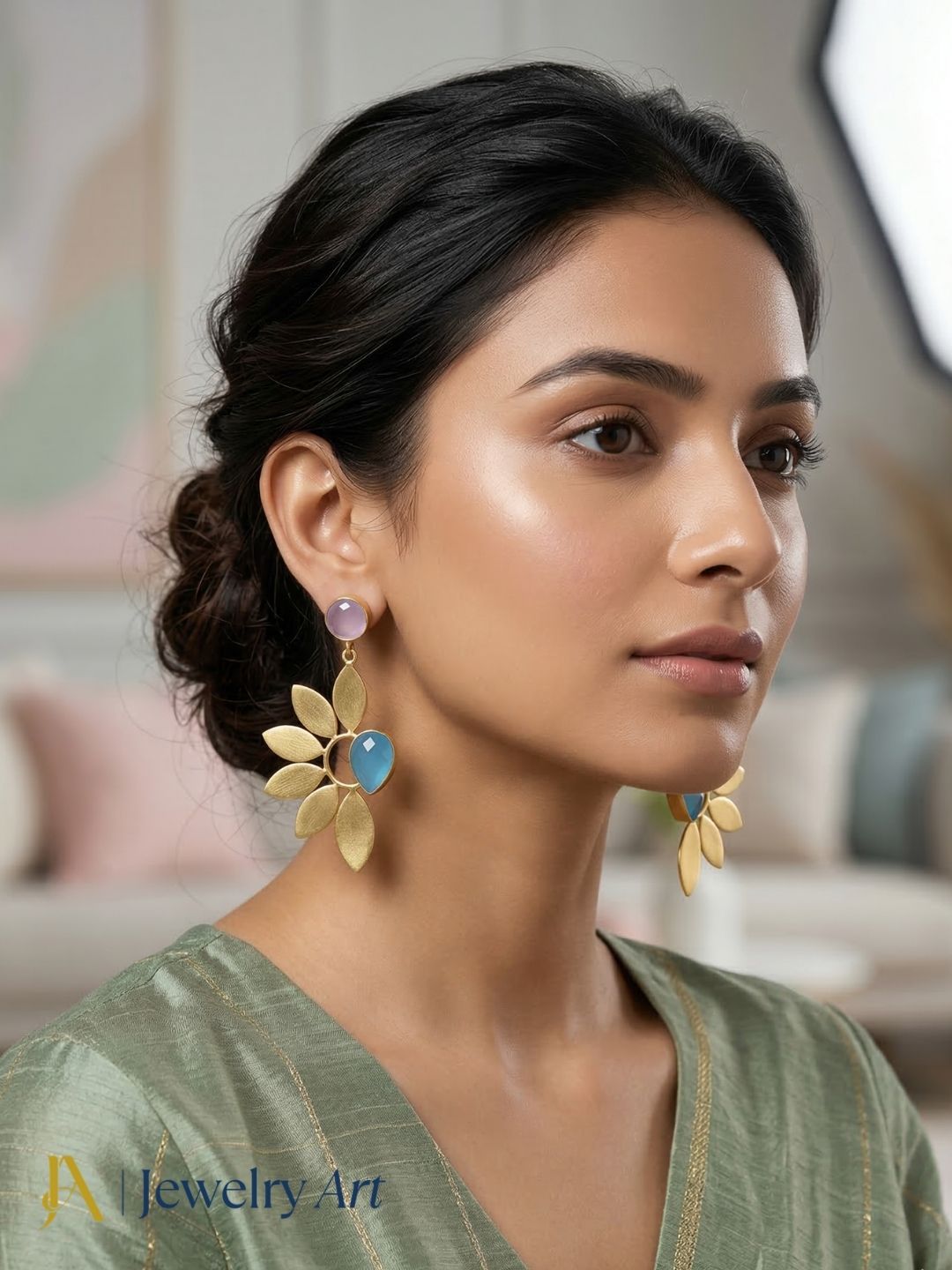 Elegant gold plated women's earrings with rose quartz and chalcedony semi precious gemstones 
