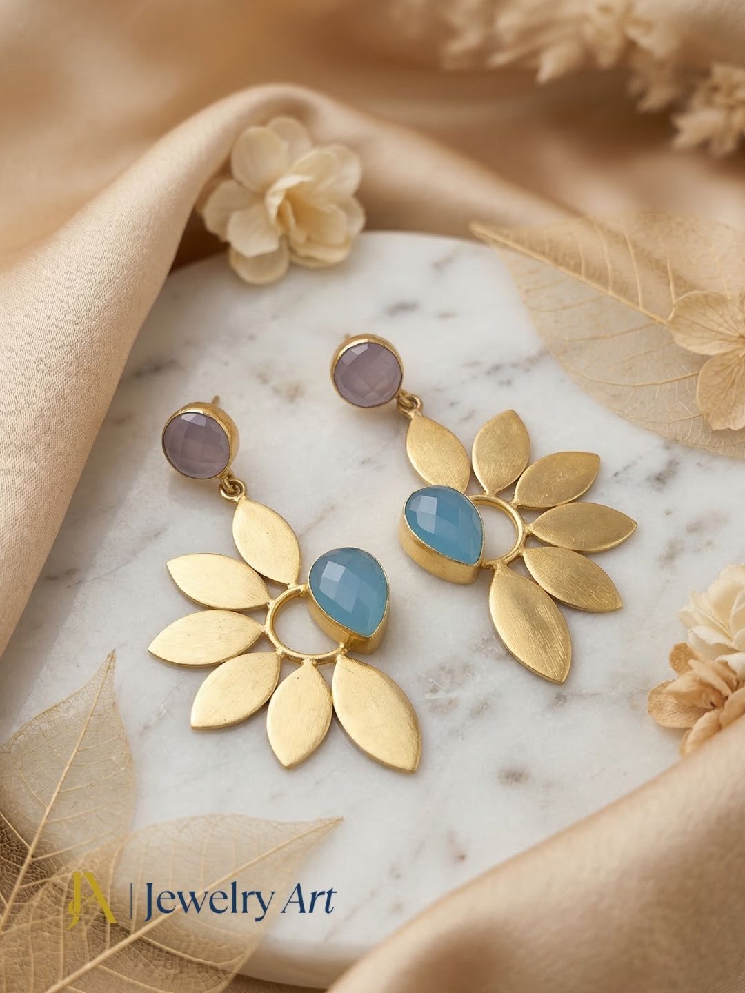 Stunning Gold Plated Dangle Earrings – Semi Precious Stone Leaf Designer Jewelry