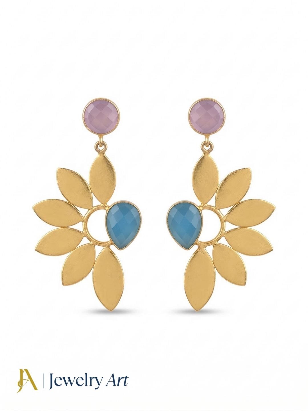 Stunning Gold Plated Dangle Earrings – Semi Precious Stone Leaf Designer Jewelry