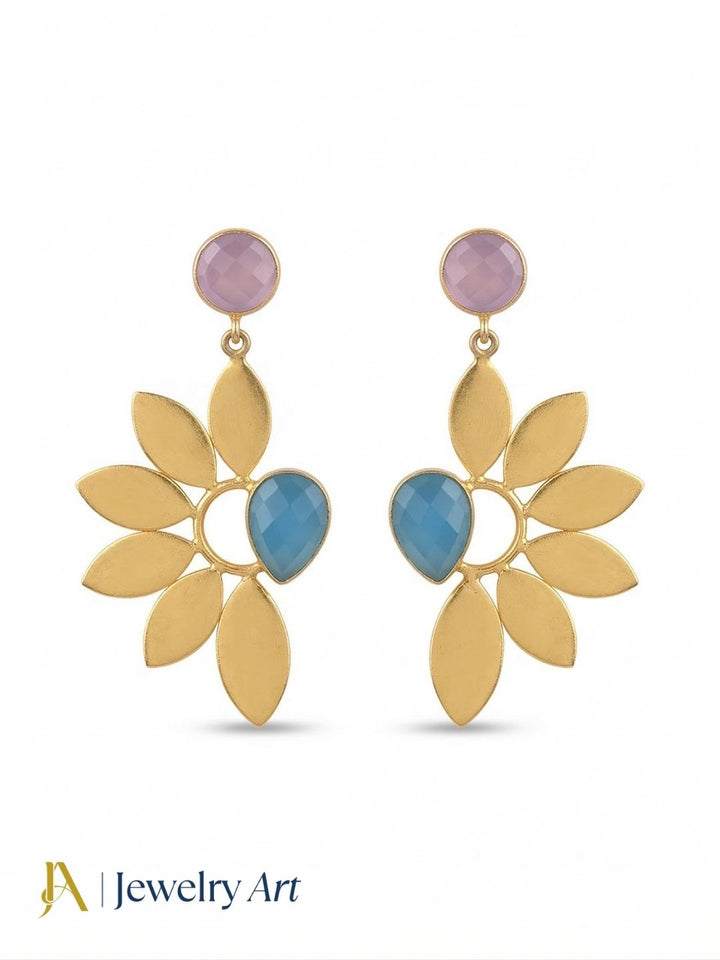 Stunning Gold Plated Dangle Earrings – Semi Precious Stone Leaf Designer Jewelry