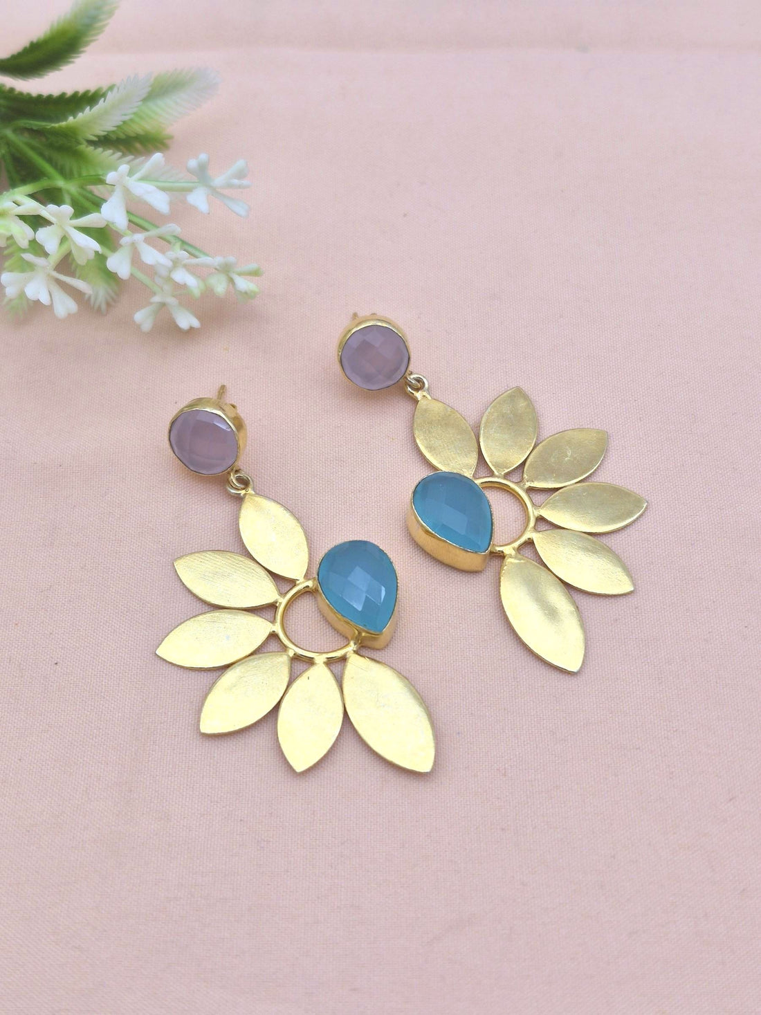 Stunning Gold Plated Dangle Earrings – Semi Precious Stone Leaf Designer Jewelry