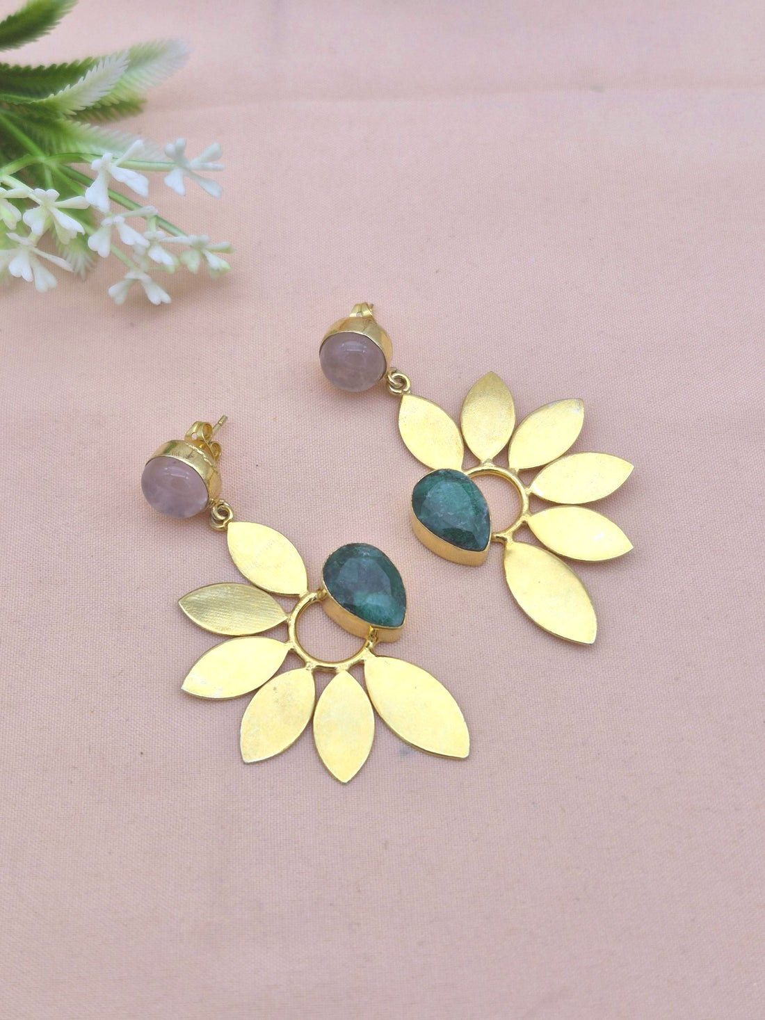 Stunning Gold Plated Dangle Earrings – Semi Precious Stone Leaf Designer Jewelry