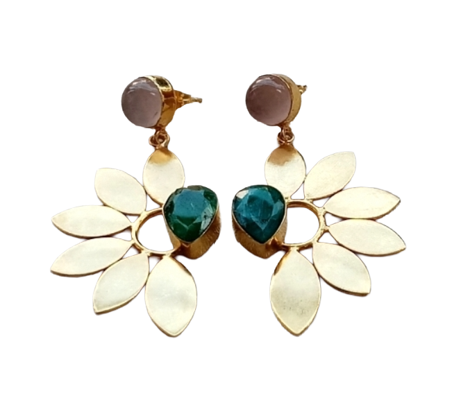 Stunning Gold Plated Dangle Earrings – Semi Precious Stone Leaf Designer Jewelry