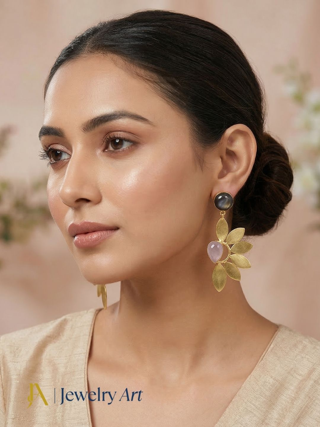 Fashion gold plated earrings with dual stone rose quartz and labradorite drop design
