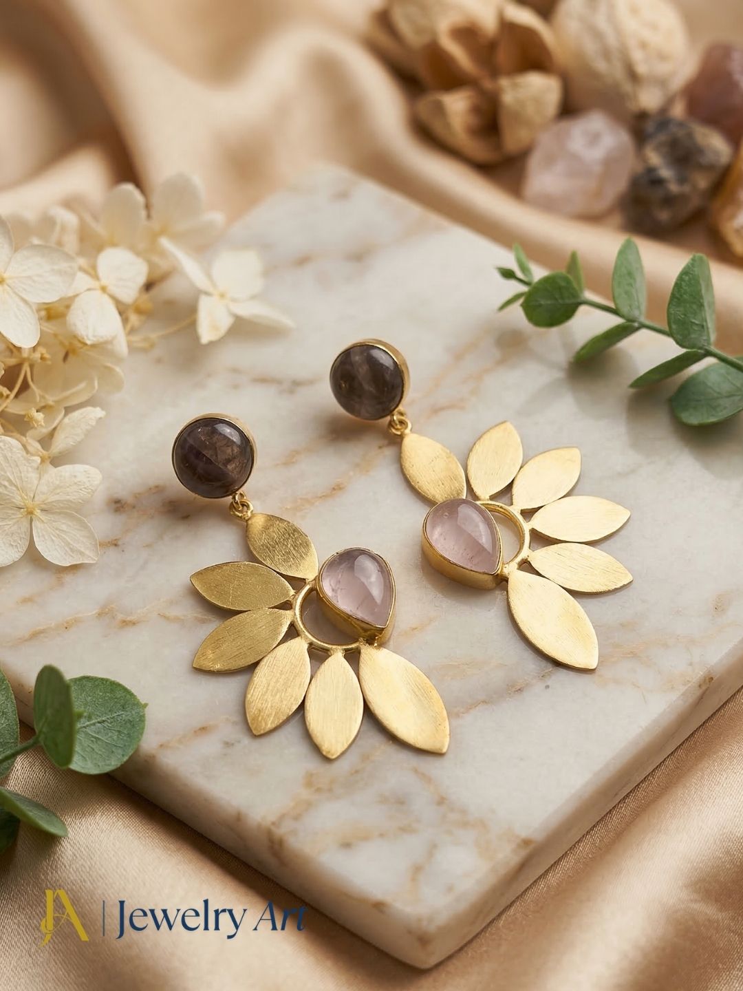 Fashion gold plated earrings with dual stone rose quartz and labradorite drop design
