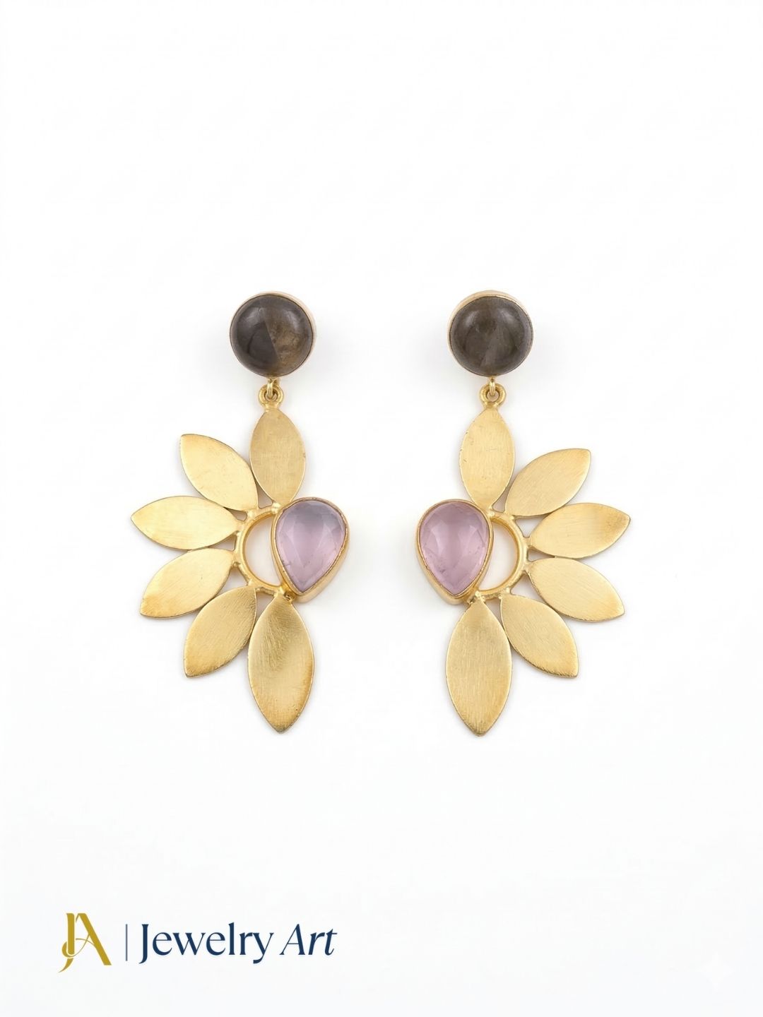 Stunning Gold Plated Dangle Earrings – Semi Precious Stone Leaf Designer Jewelry