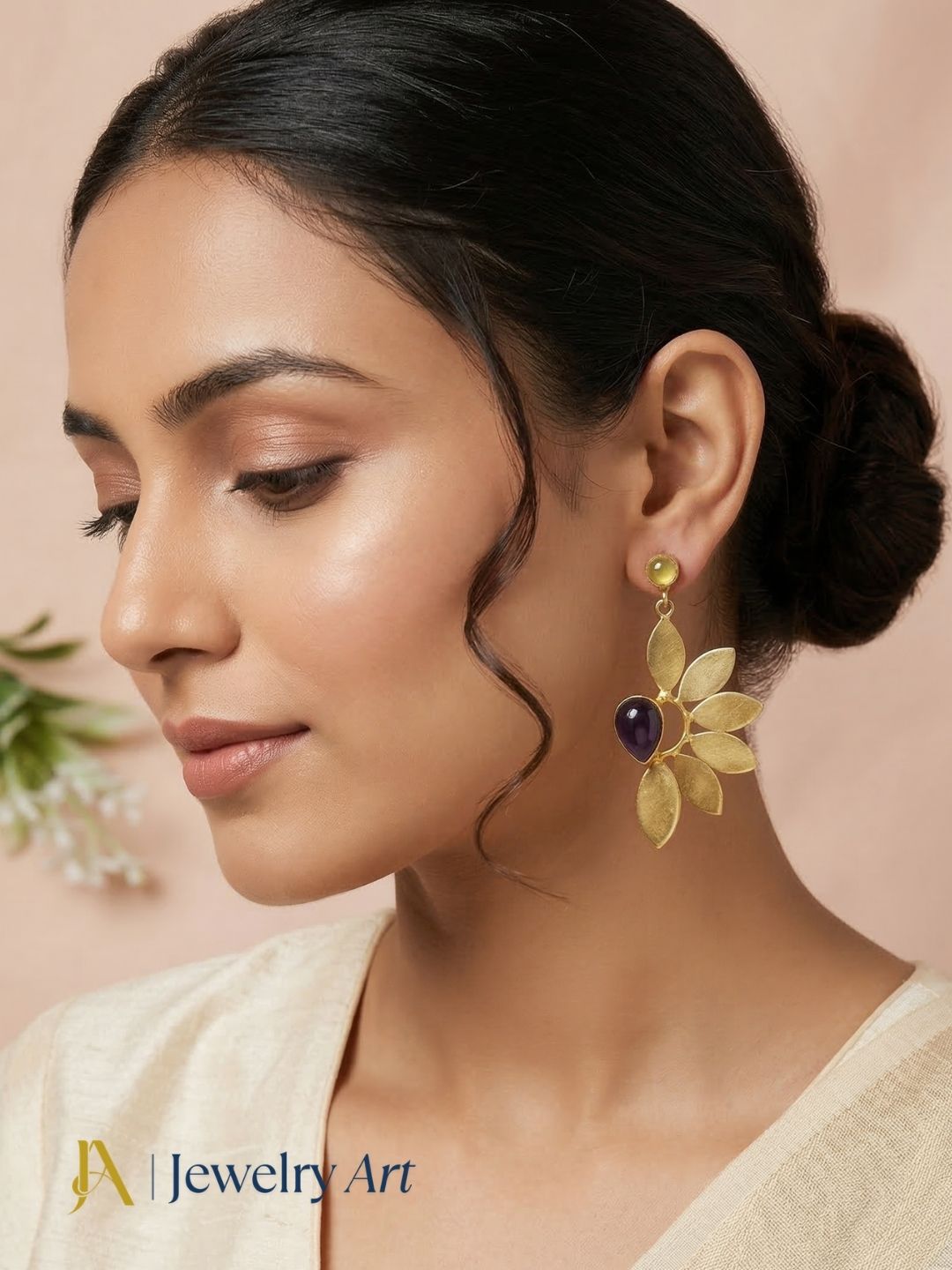 Designer gold plated leaf earrings with semi precious gem stones, jewelry for weddings and parties
