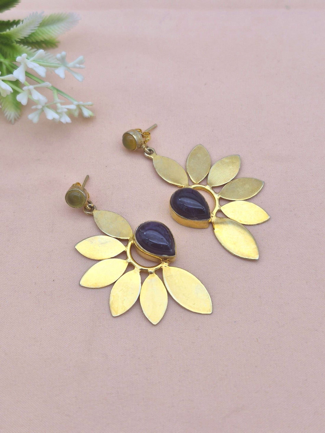 Elegant gold plated leaf drop earrings 

