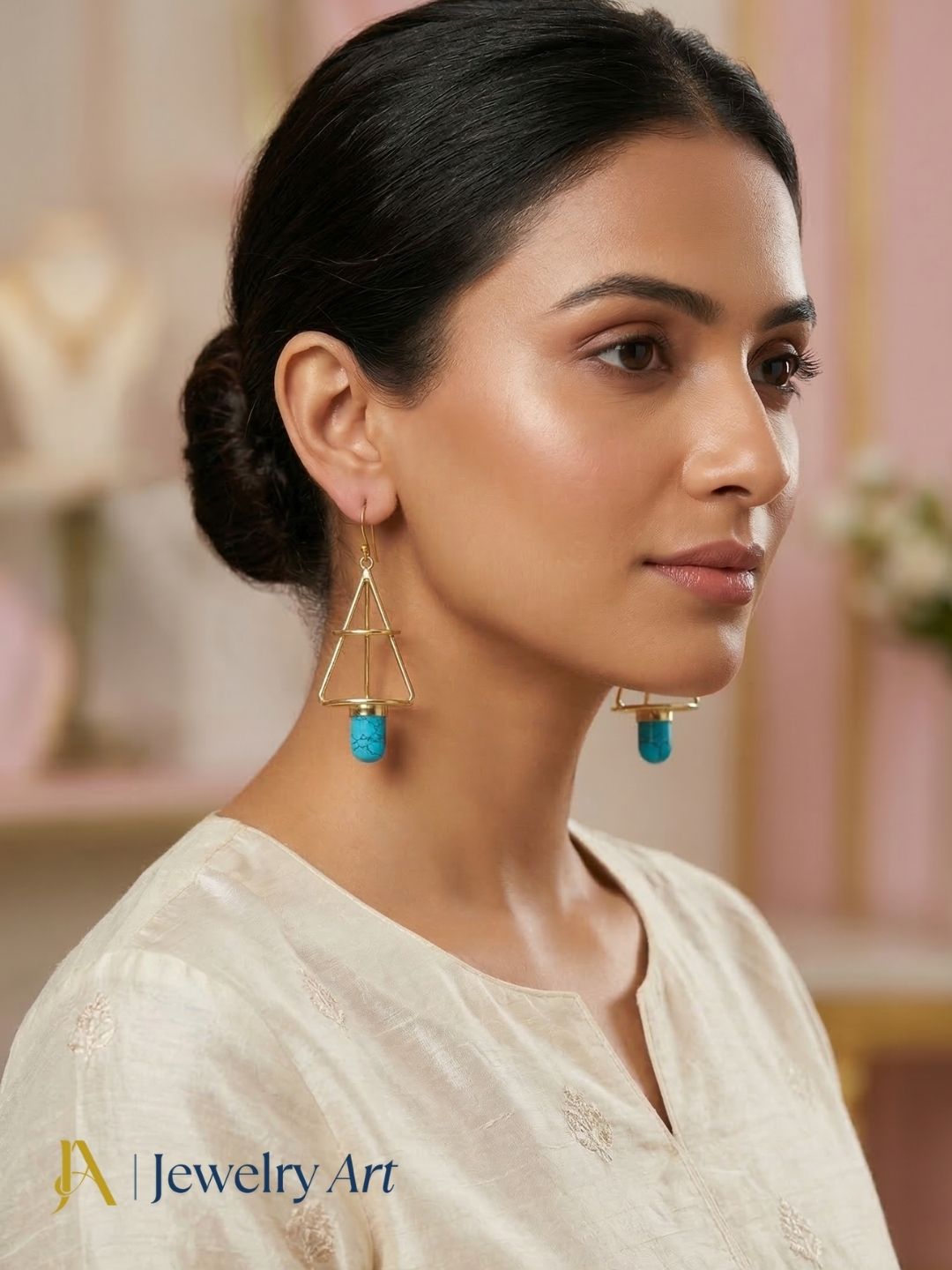 Elegant drop earrings with blue synthetic turquoise stone in decorative lantern shape
