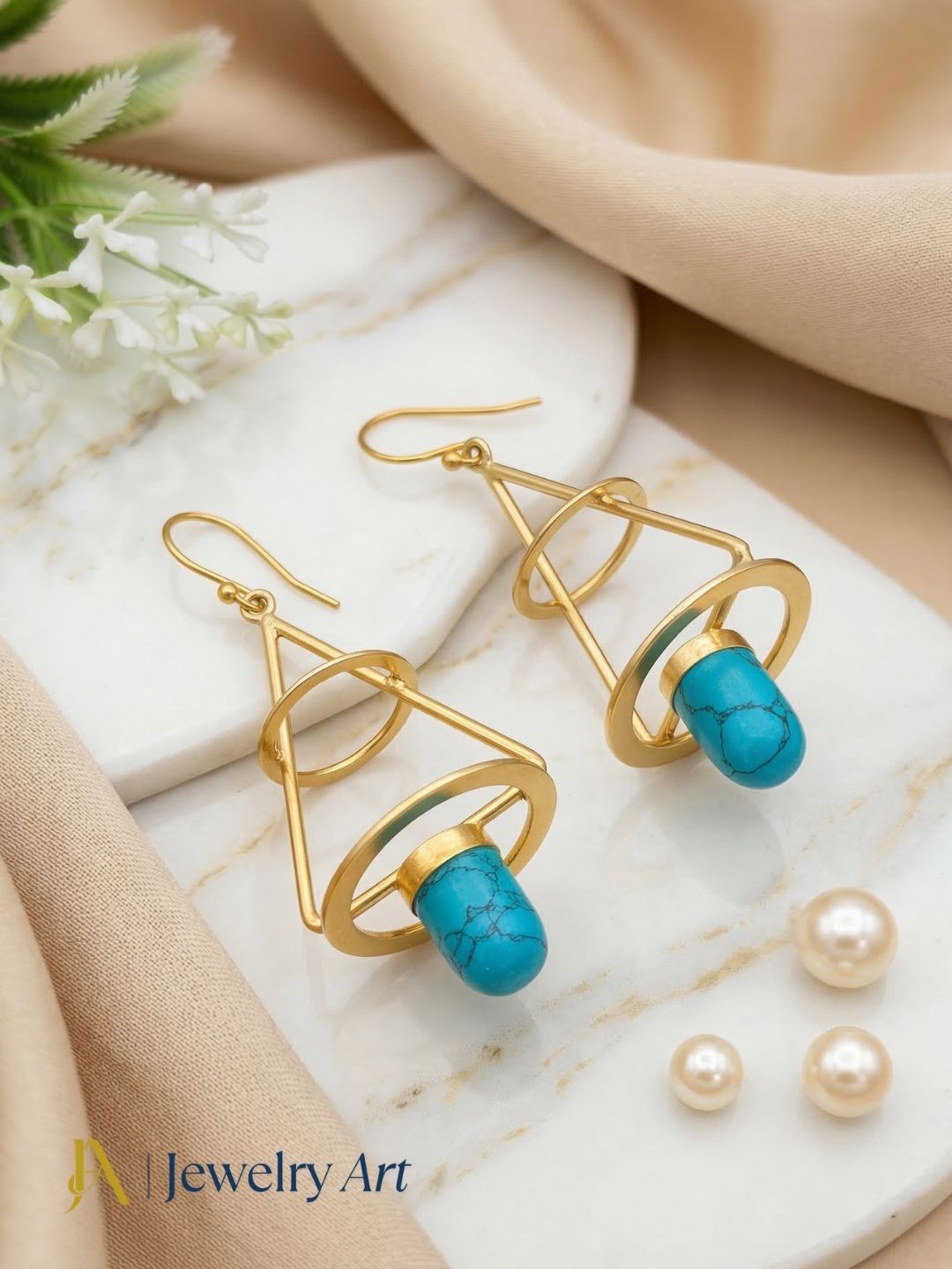 Awesome Gold Plated Dangle Earrings – Semi Precious Stone Lantern Designer Jewelry