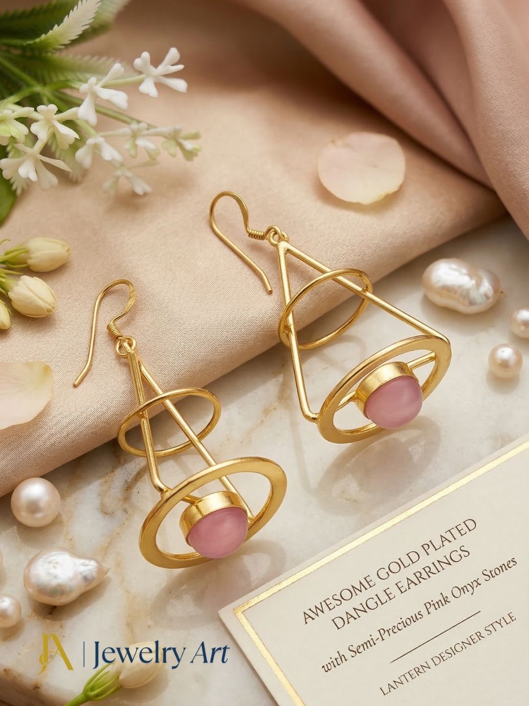 Stylish drop earrings with soft pink onyx stone in unique lantern shape design