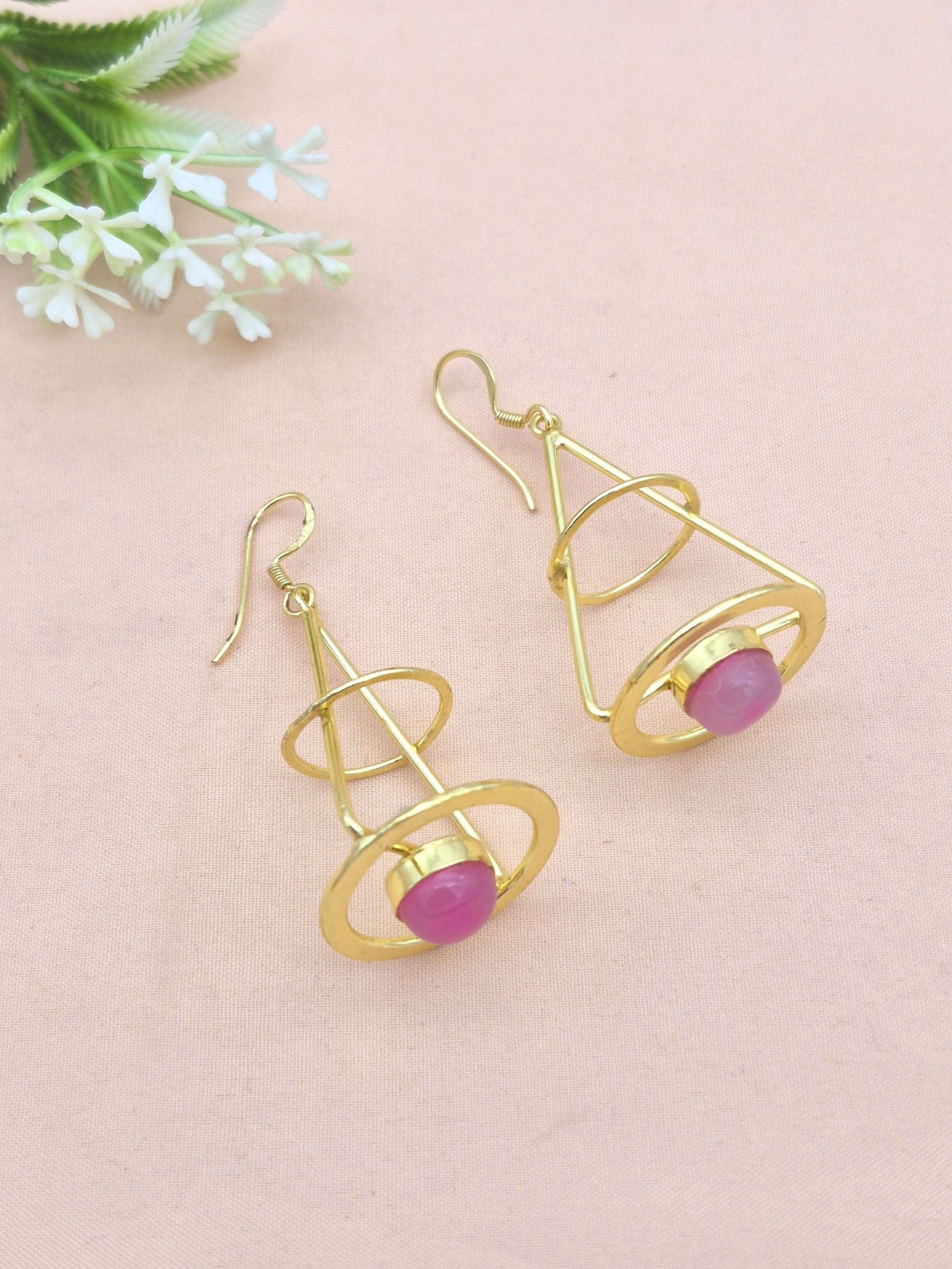 Awesome Gold Plated Dangle Earrings – Semi Precious Stone Lantern Designer Jewelry