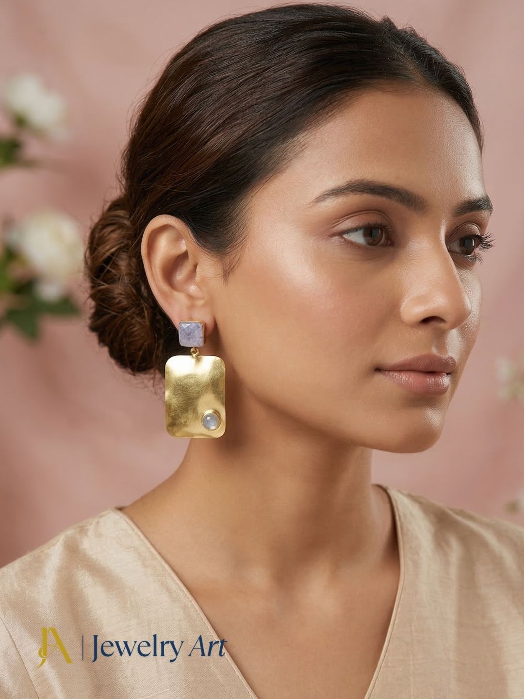 Gold plated dangle earrings with white rainbow & prehnite semi precious stones in elegant designer style.
