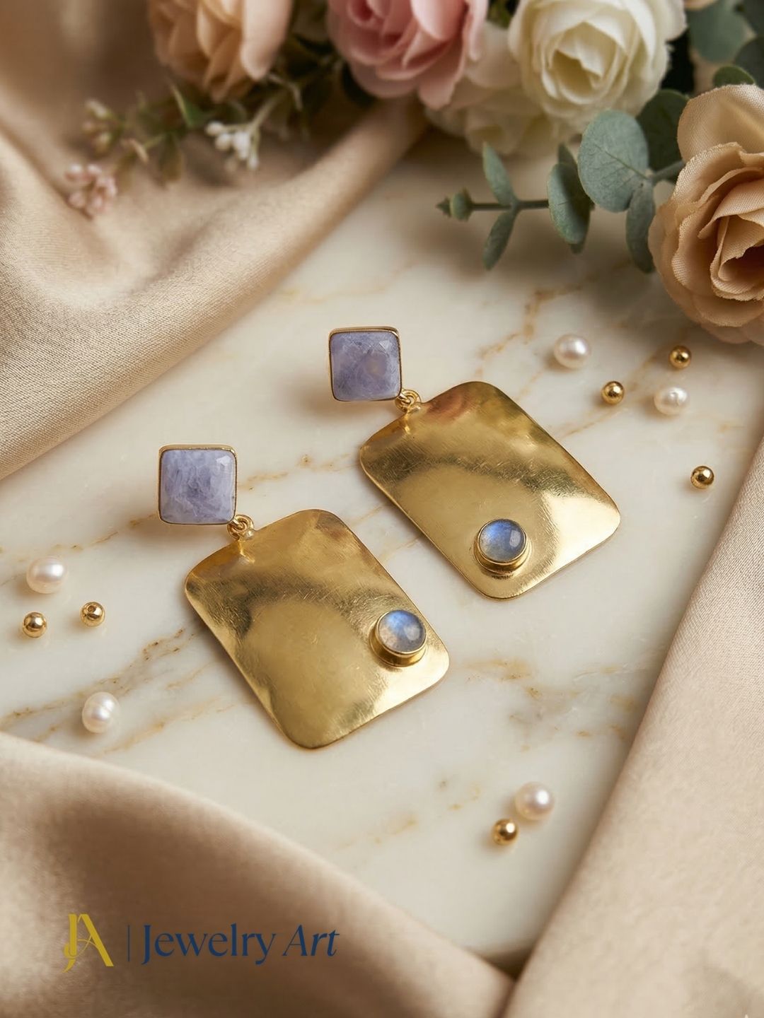 Charming Gold Plated Dangle Earrings – Semi Precious Stone Designer Jewelry