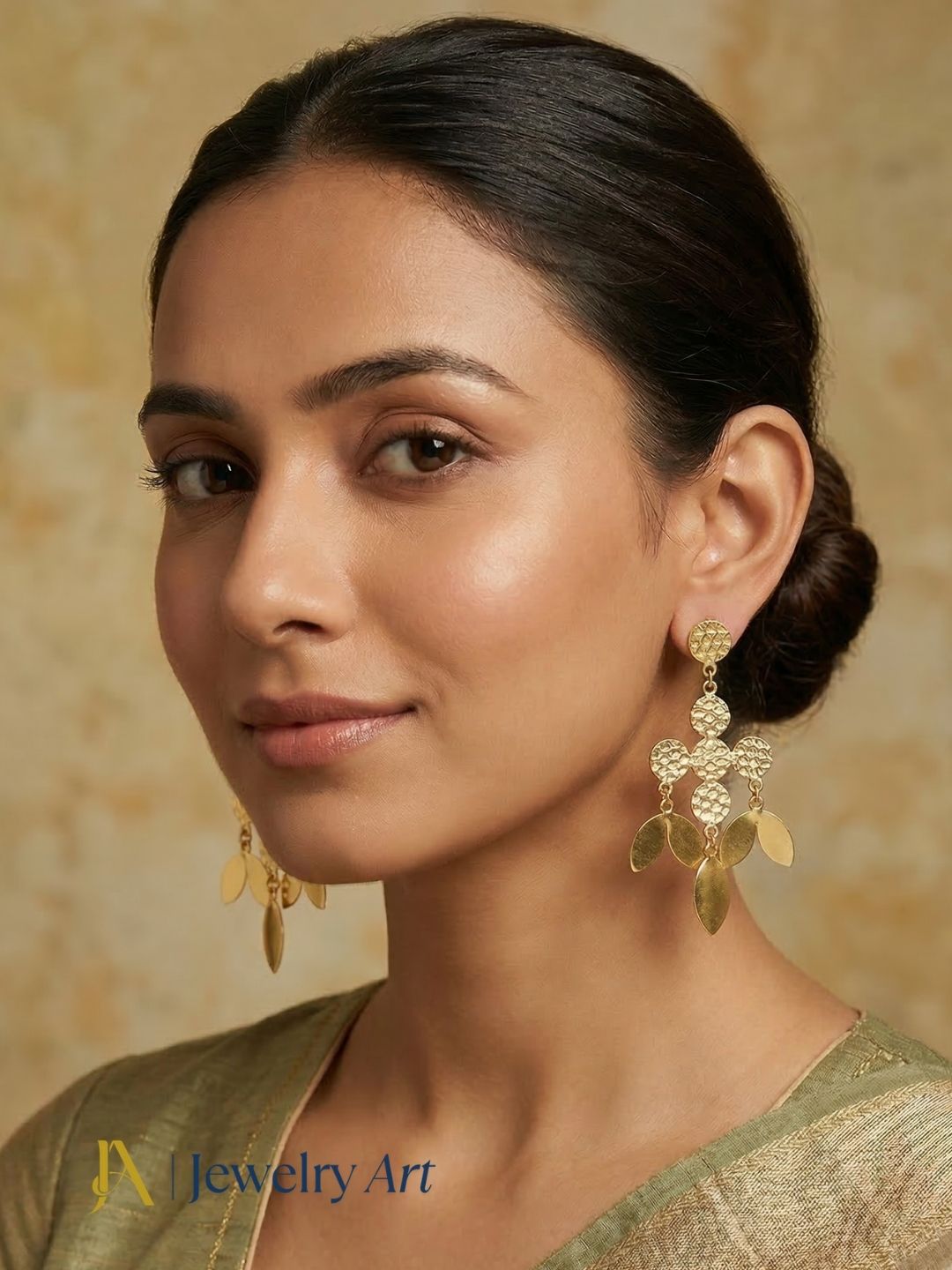 Artistic Gold plated Dangle Earrings – Plain Hammered Leaf Designer Jewelry
