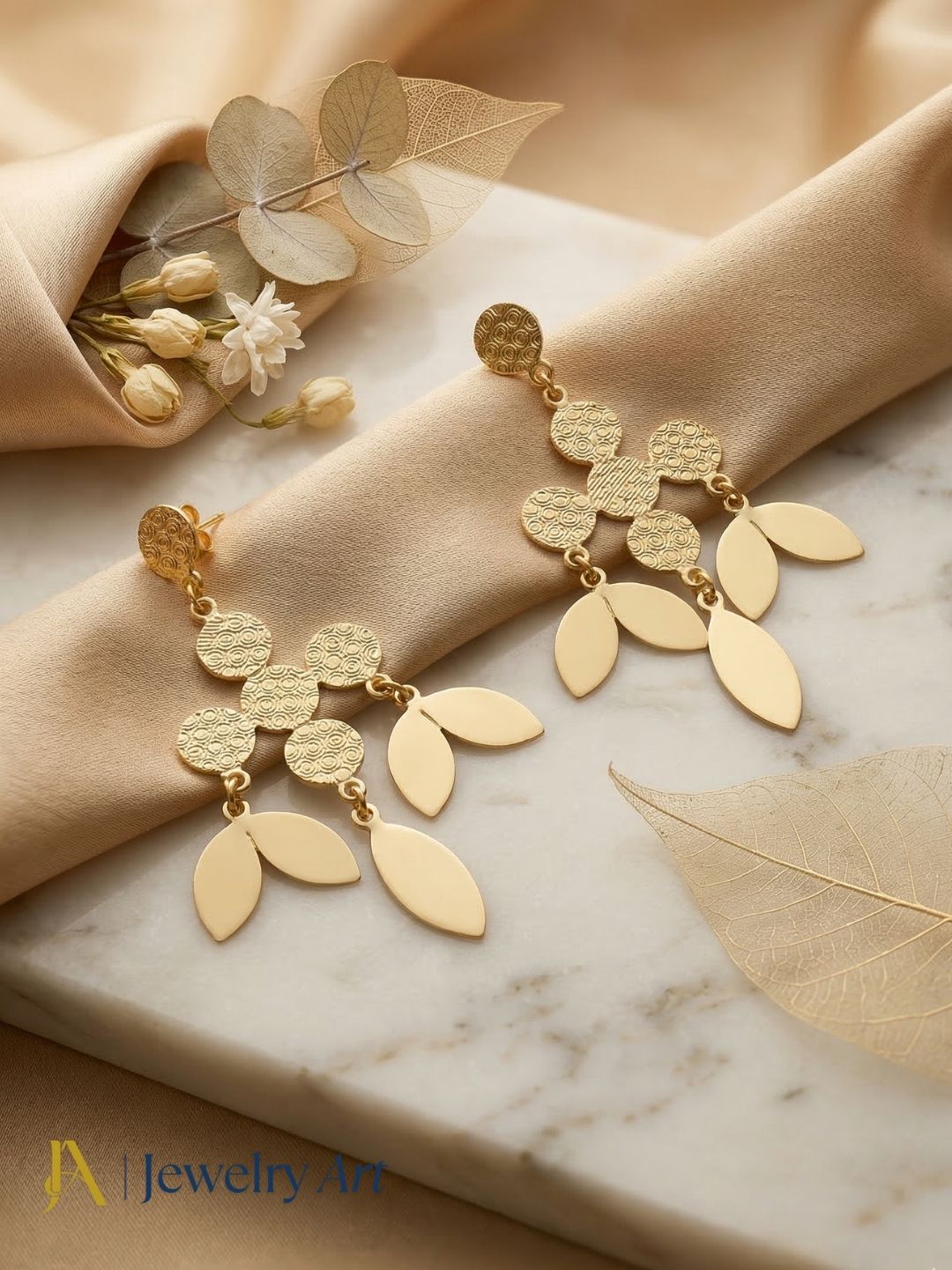 Artistic Gold plated Dangle Earrings – Plain Hammered Leaf Designer Jewelry
