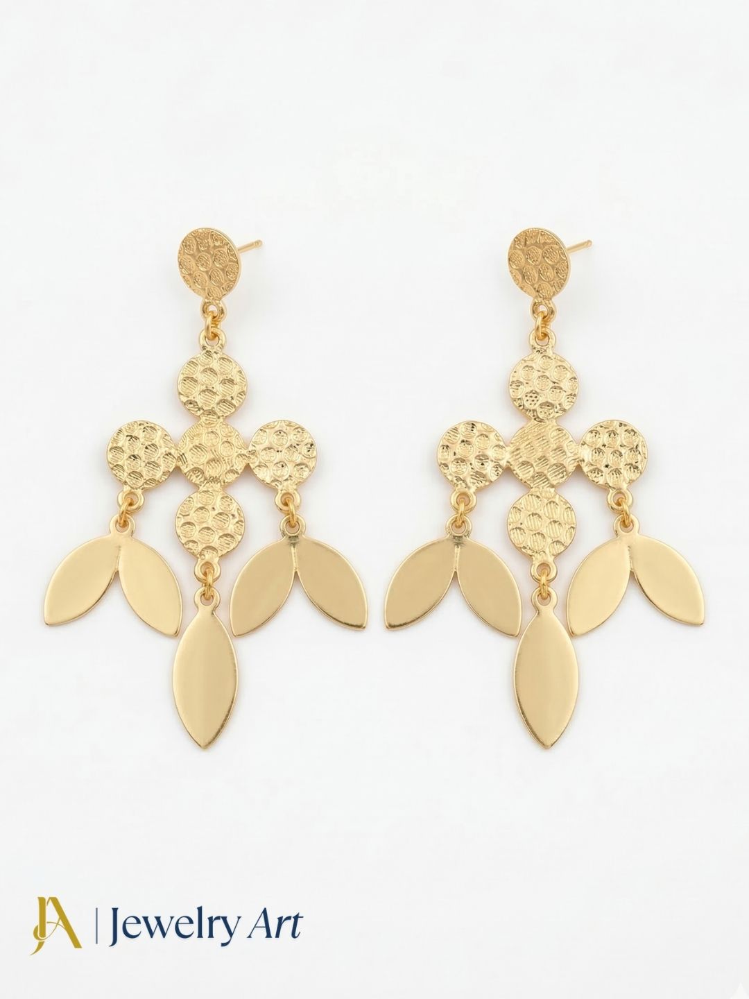 Artistic Gold plated Dangle Earrings – Plain Hammered Leaf Designer Jewelry