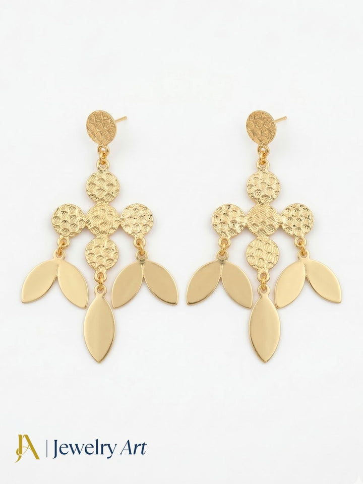 Artistic Gold plated Dangle Earrings – Plain Hammered Leaf Designer Jewelry