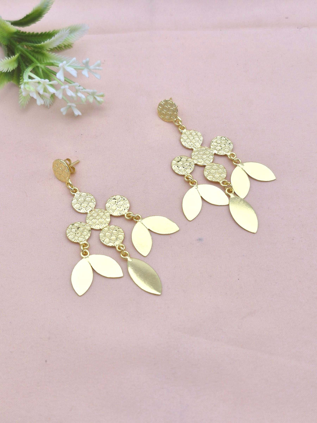 Artistic gold plated dangle earrings with plain hammered leaf design for elegant minimalist style
