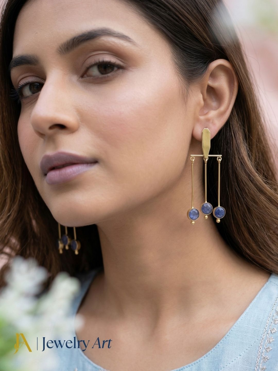 Fashion dangle earrings with blue Hathipara gemstone vibrant cool tone finish
