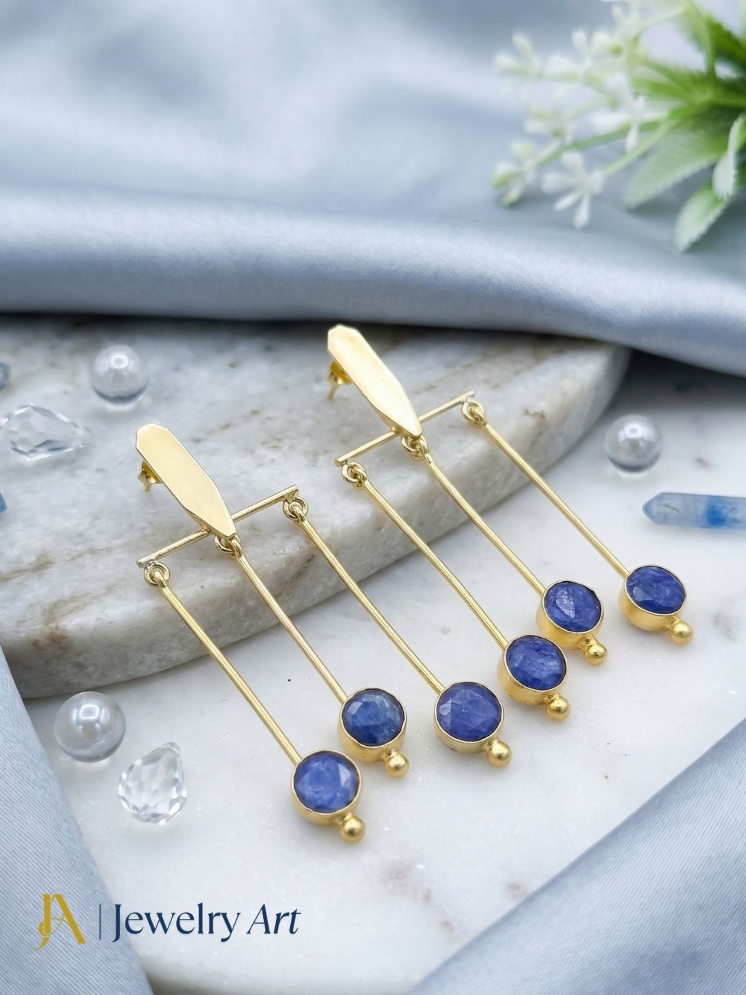 Handcrafted Gold plated Dangle Earrings - Blue Hathipara Semi Precious Stone Hanging Designer Jewelry