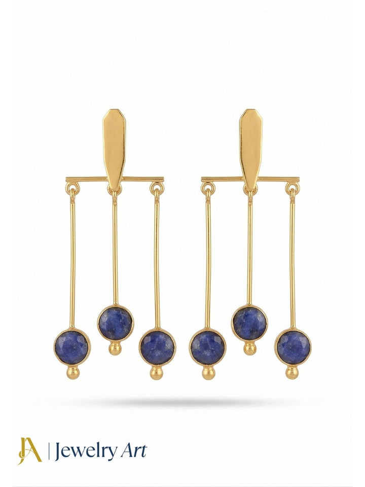 Handcrafted Gold plated Dangle Earrings - Blue Hathipara Semi Precious Stone Hanging Designer Jewelry