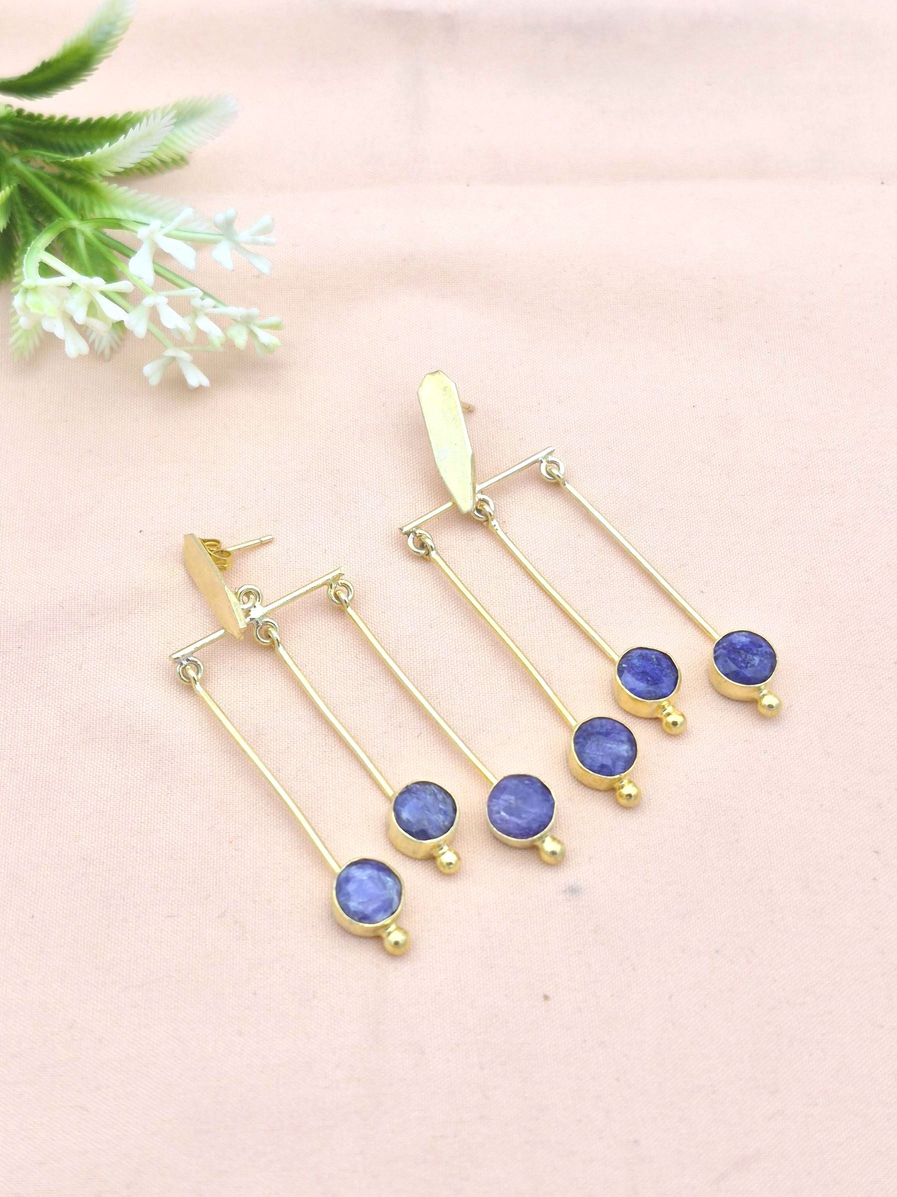 Handcrafted Gold plated Dangle Earrings - Blue Hathipara Semi Precious Stone Hanging Designer Jewelry