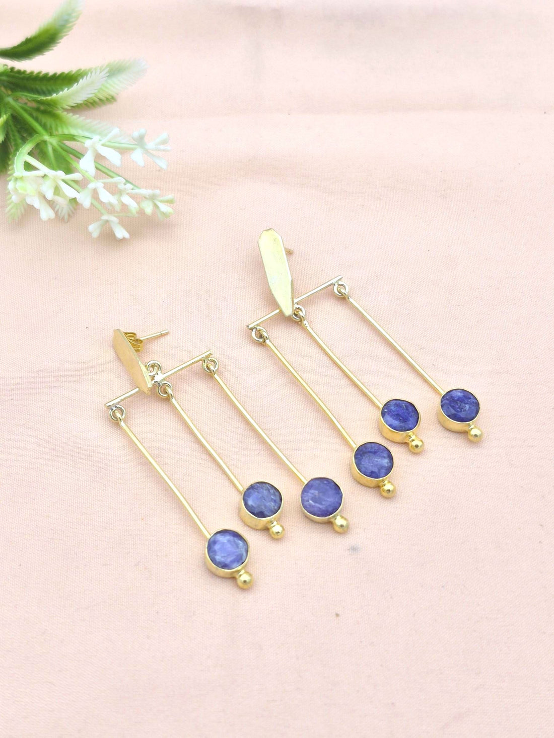 Handcrafted Gold plated Dangle Earrings - Blue Hathipara Semi Precious Stone Hanging Designer Jewelry