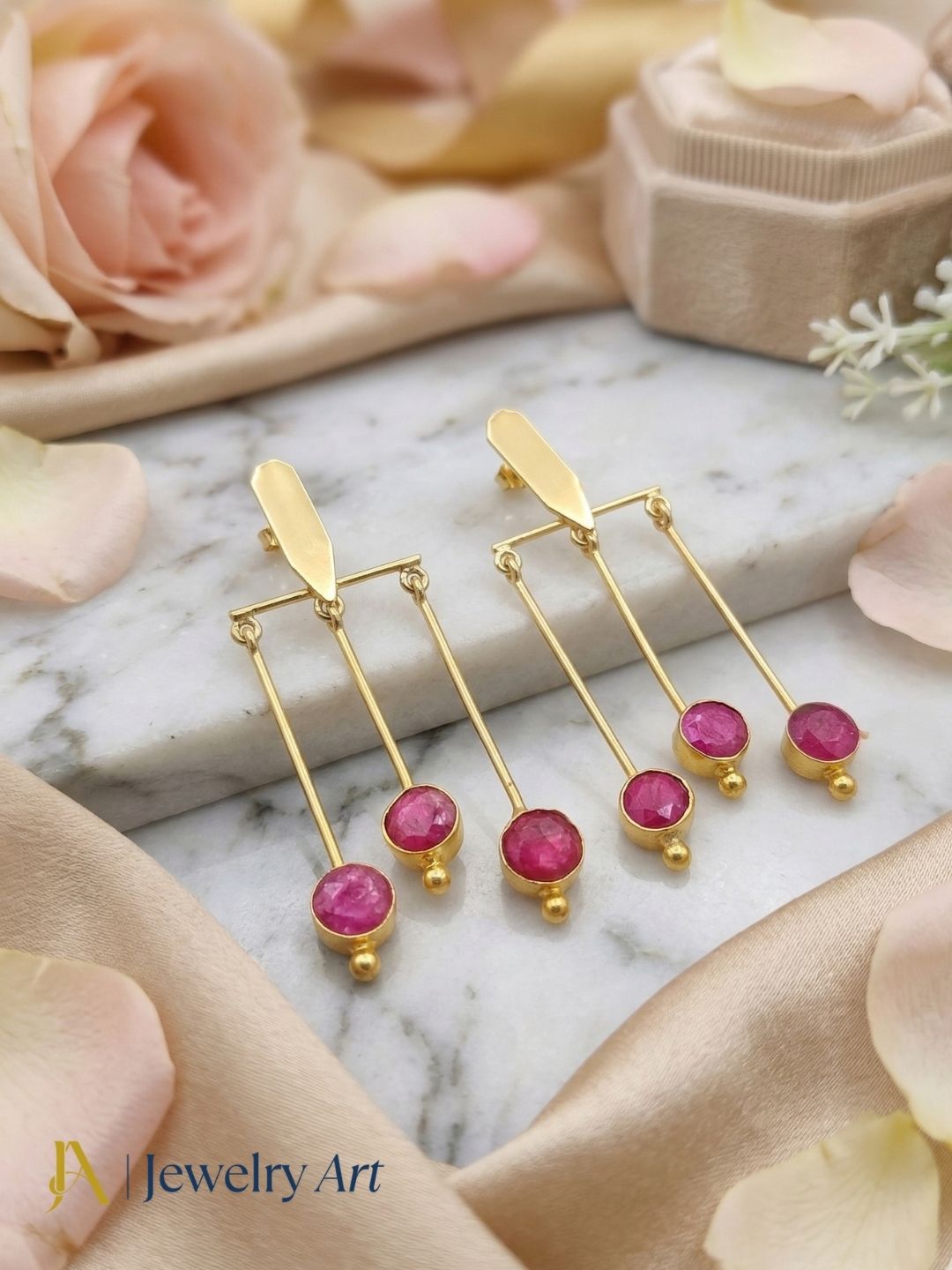 Gorgeous Gold plated Dangle Earrings - Red Hathipara Semi Precious Stone Hanging Designer Jewelry