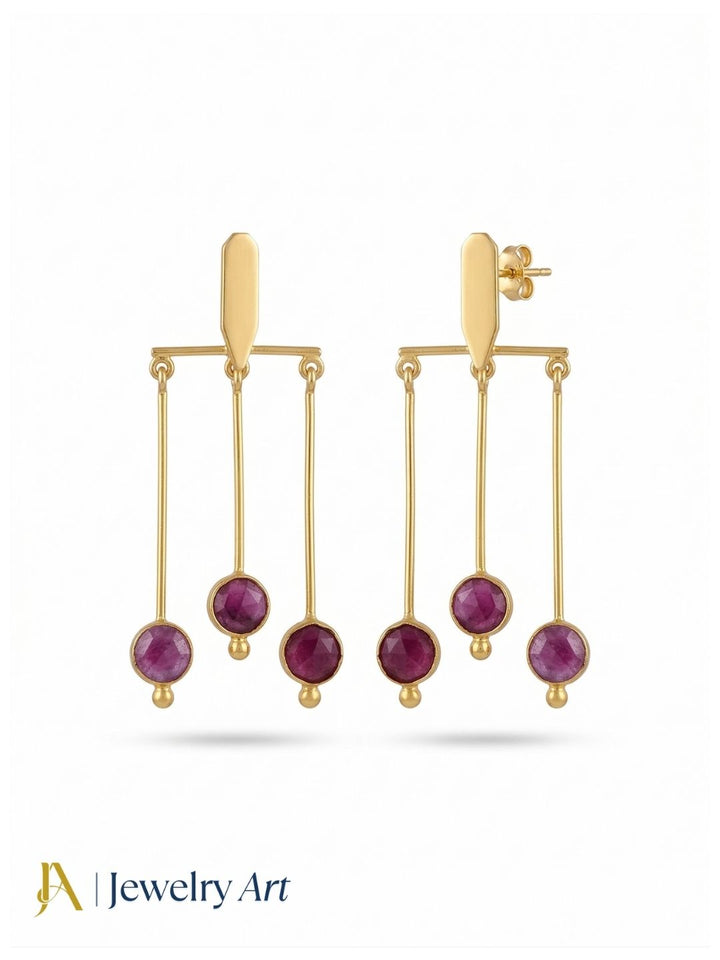 Gorgeous Gold plated Dangle Earrings - Red Hathipara Semi Precious Stone Hanging Designer Jewelry