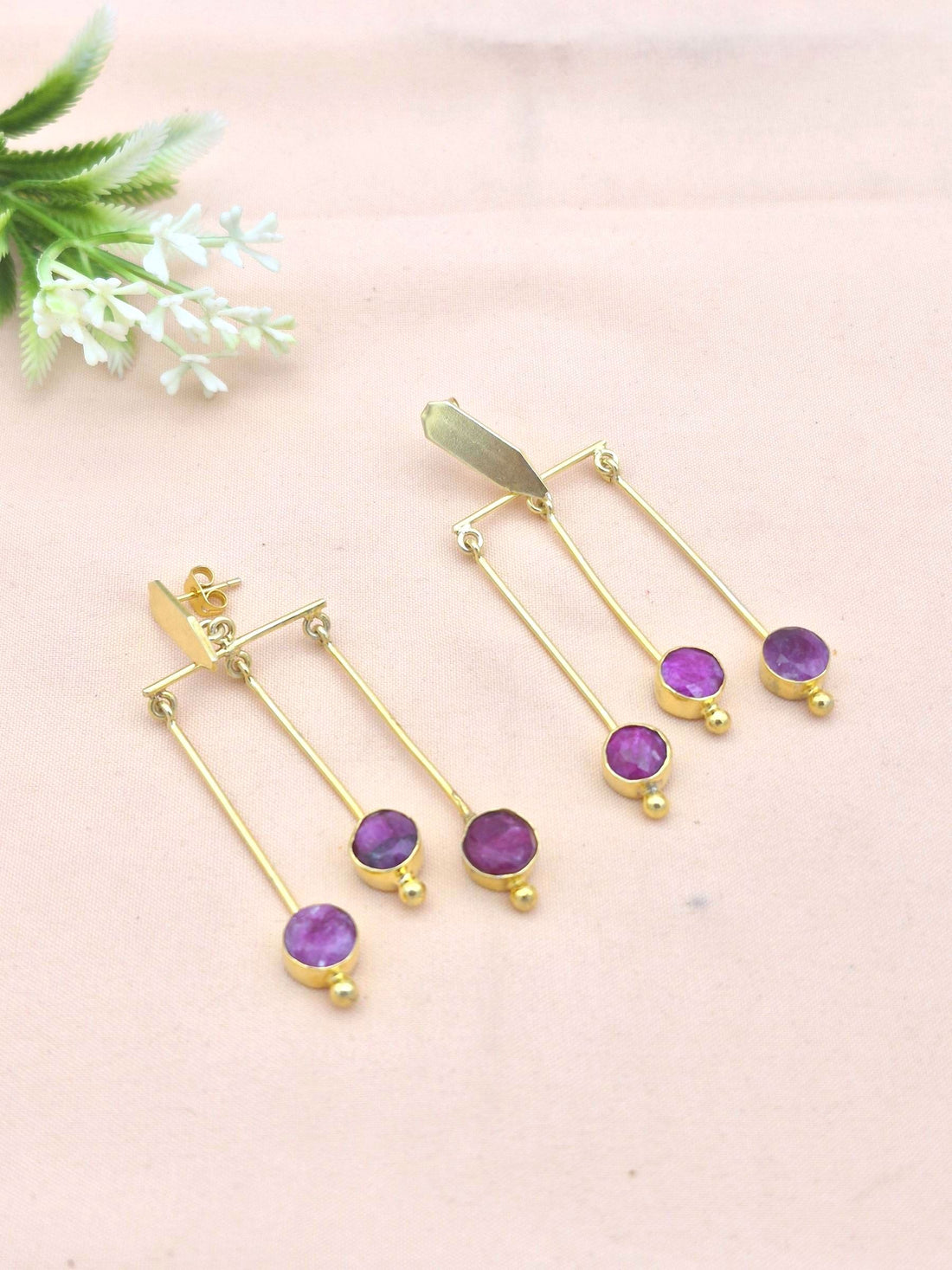 Gorgeous Gold plated Dangle Earrings - Red Hathipara Semi Precious Stone Hanging Designer Jewelry